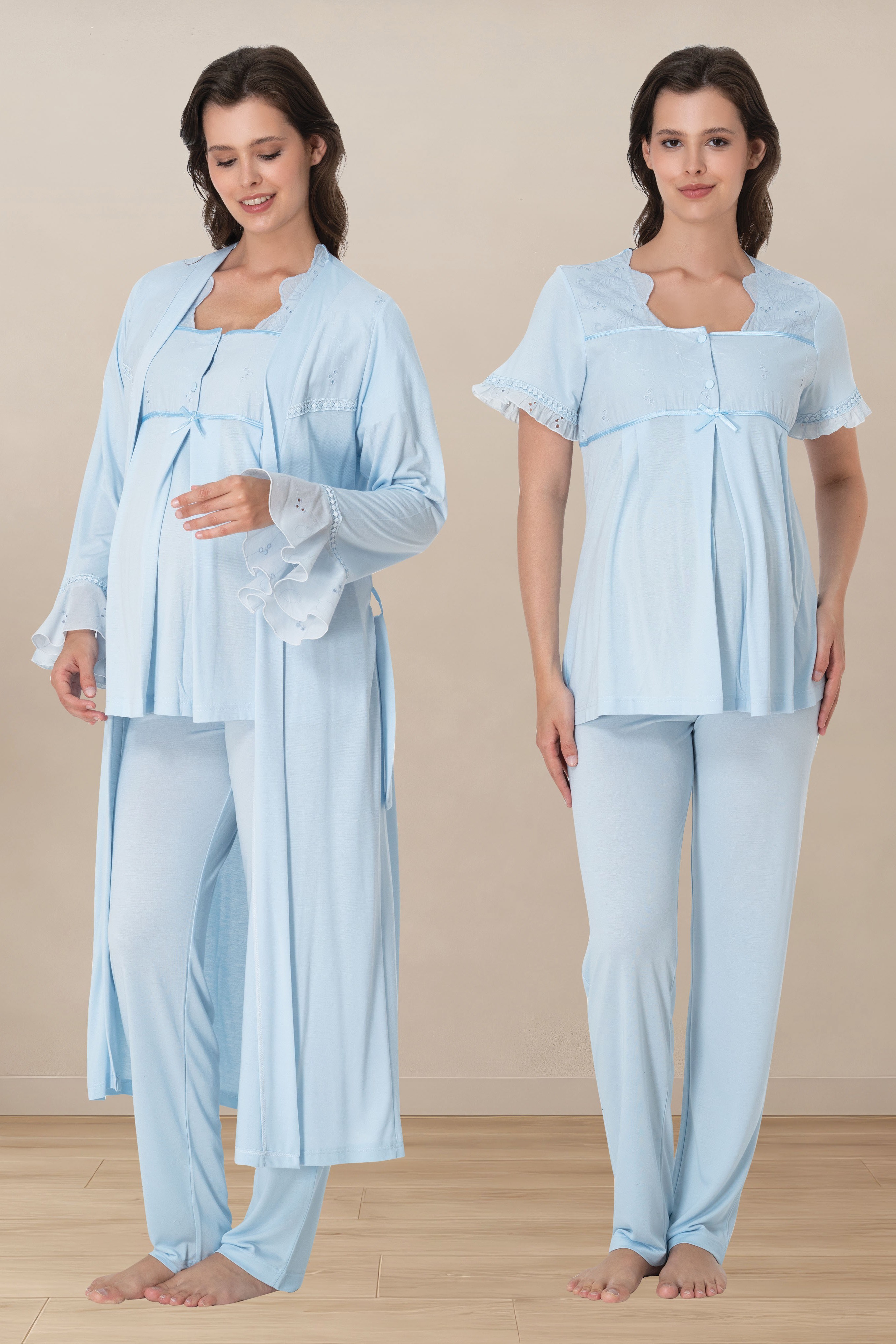 Effortt 7024 Mavi Ayarlanabilir Bel Lastikli Kısa Kol Sabahlıklı Hamile Lohusa Pijama Takımı