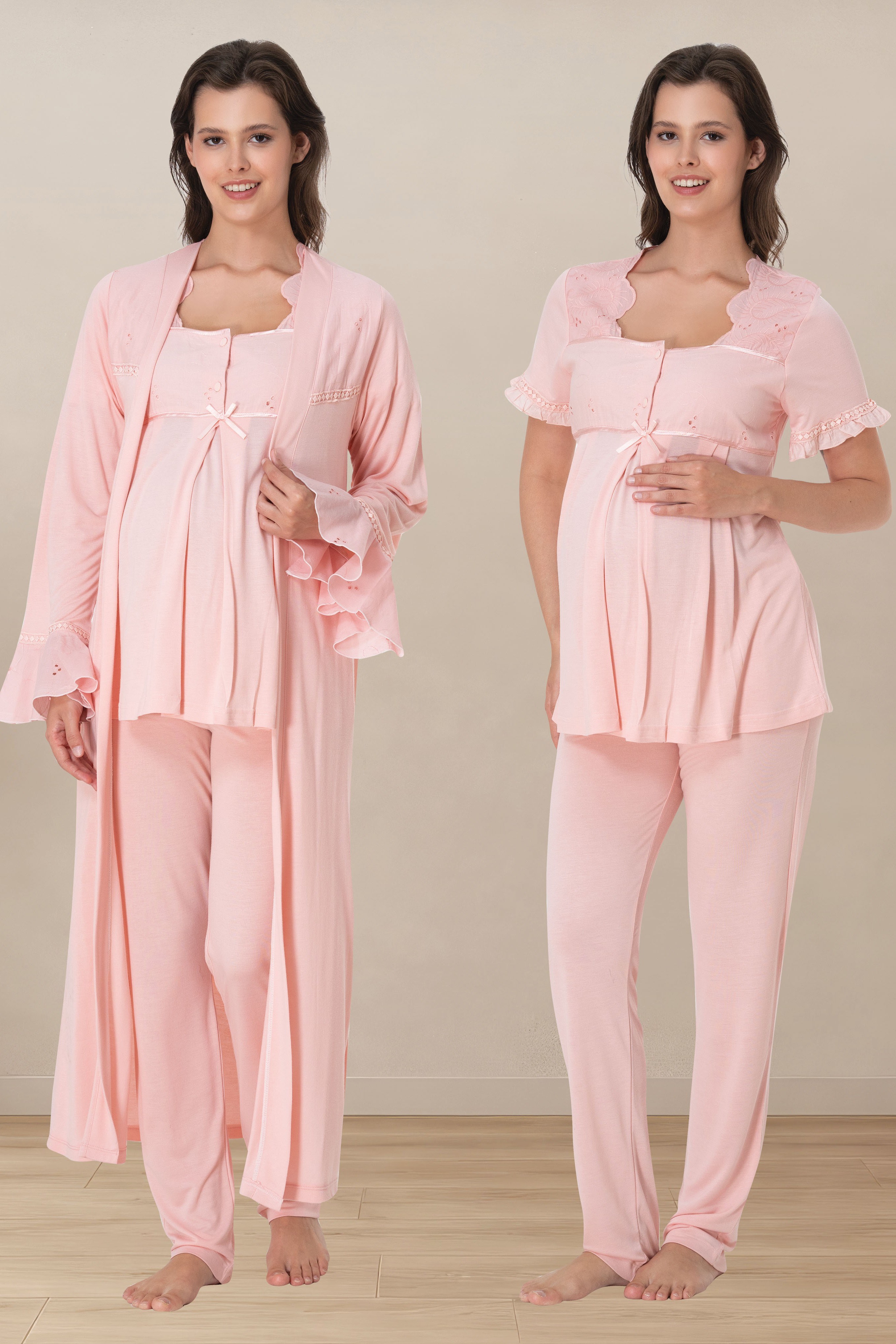 Effortt 7024 Pudra Ayarlanabilir Bel Lastikli Kısa Kol Sabahlıklı Hamile Lohusa Pijama Takımı