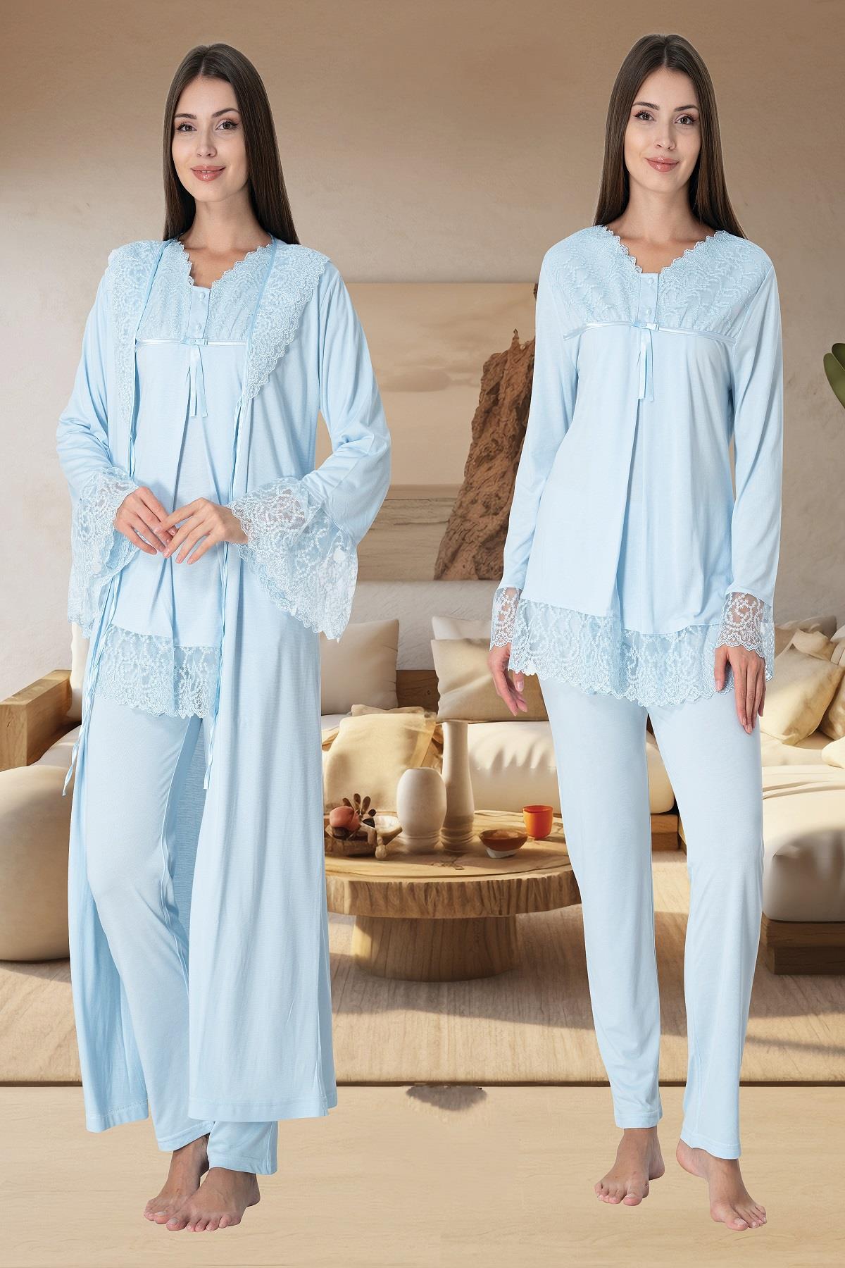 Effortt 7044 Mavi Sabahlıklı Lohusa Pijama Takımı