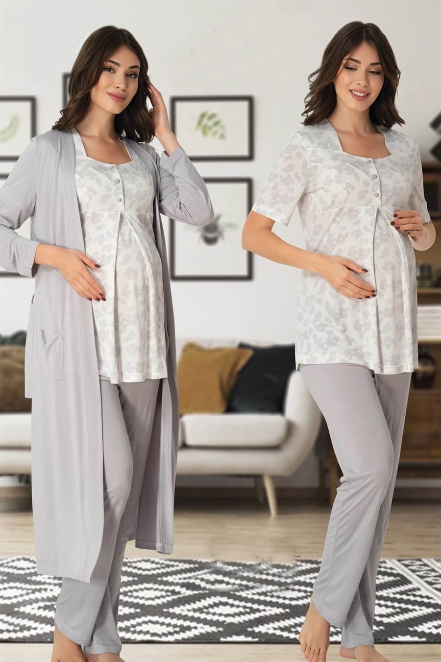Effortt 8014 Gri Sabahlıklı Lohusa Pijama Takımı