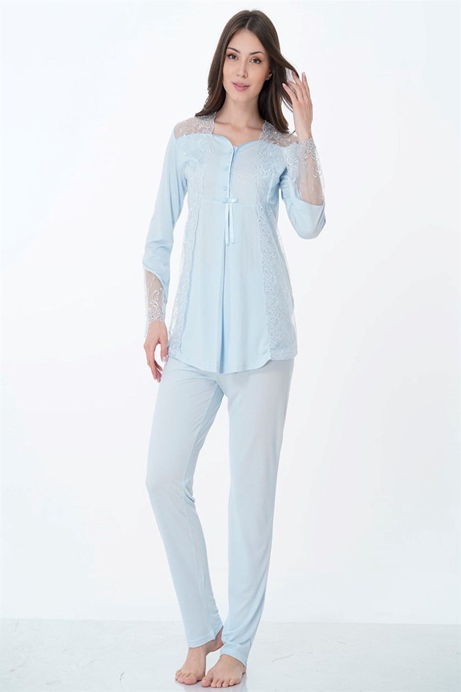 Effortt 8018 Mavi Dantelli Hamile Lohusa Pijama Takımı