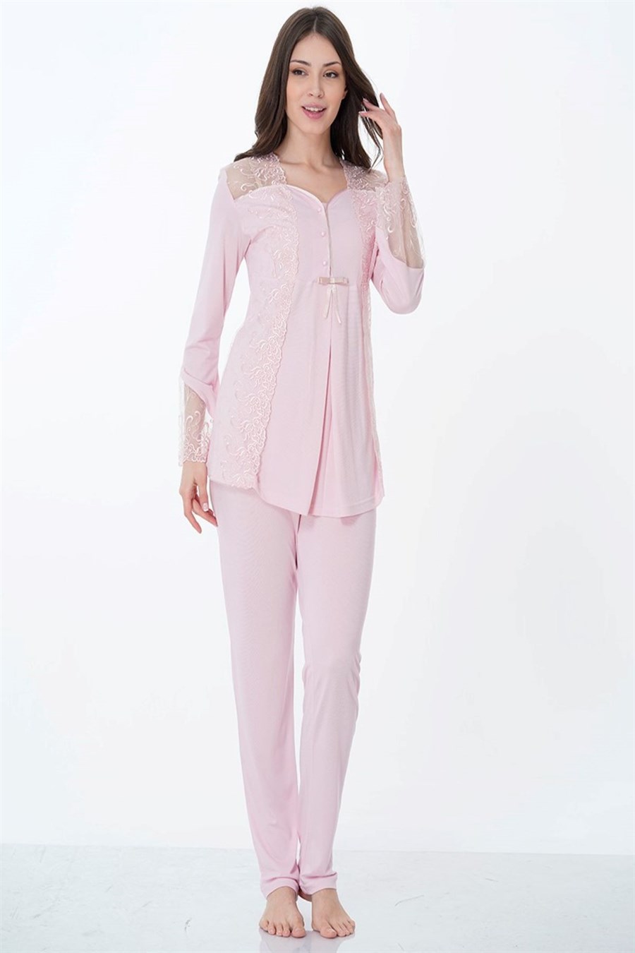 Effortt 8018 Pembe Dantelli Hamile Lohusa Pijama Takımı