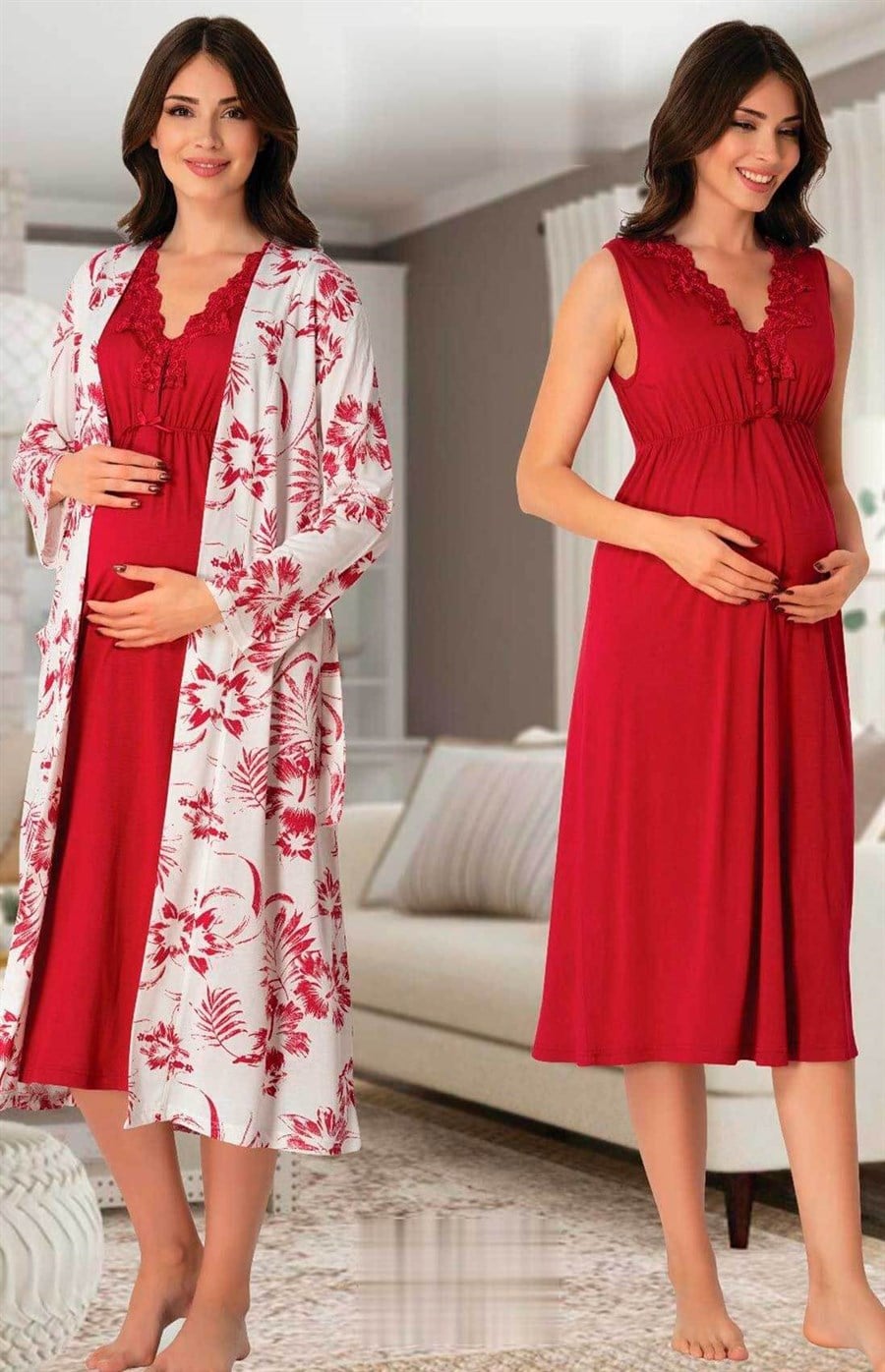 Effortt 8035 Vişne Sabahlıklı Lohusa Gecelik Takım
