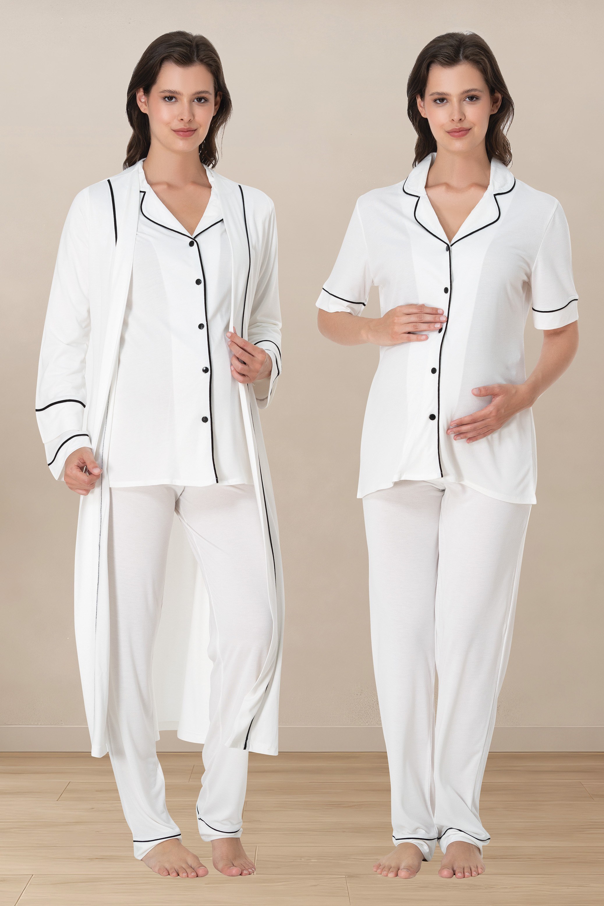 Effortt 8068 Ekru Düğmeli Emzirme Özellikli Kısa Kol Hamile Lohusa Pijama ve Sabahlık Takımı