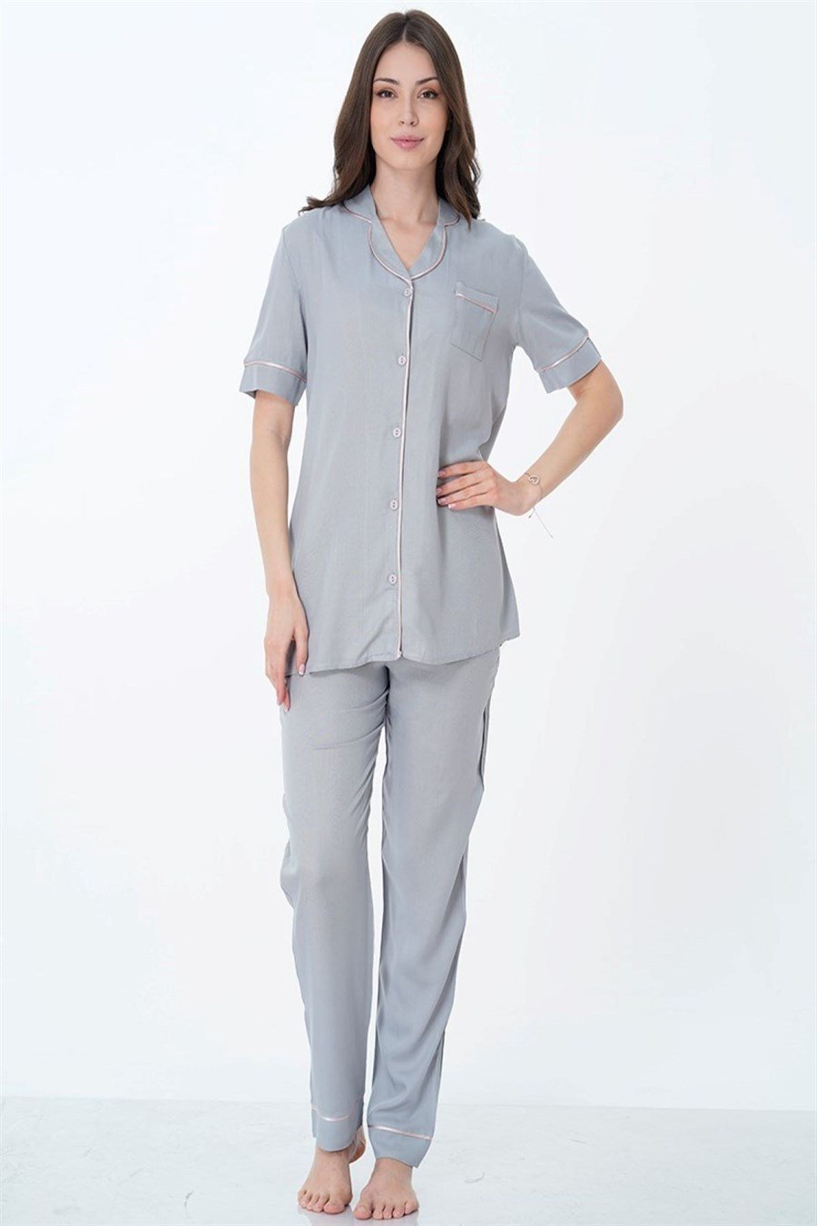Effortt 8069 Gri Önden Düğmeli Pijama Takımı
