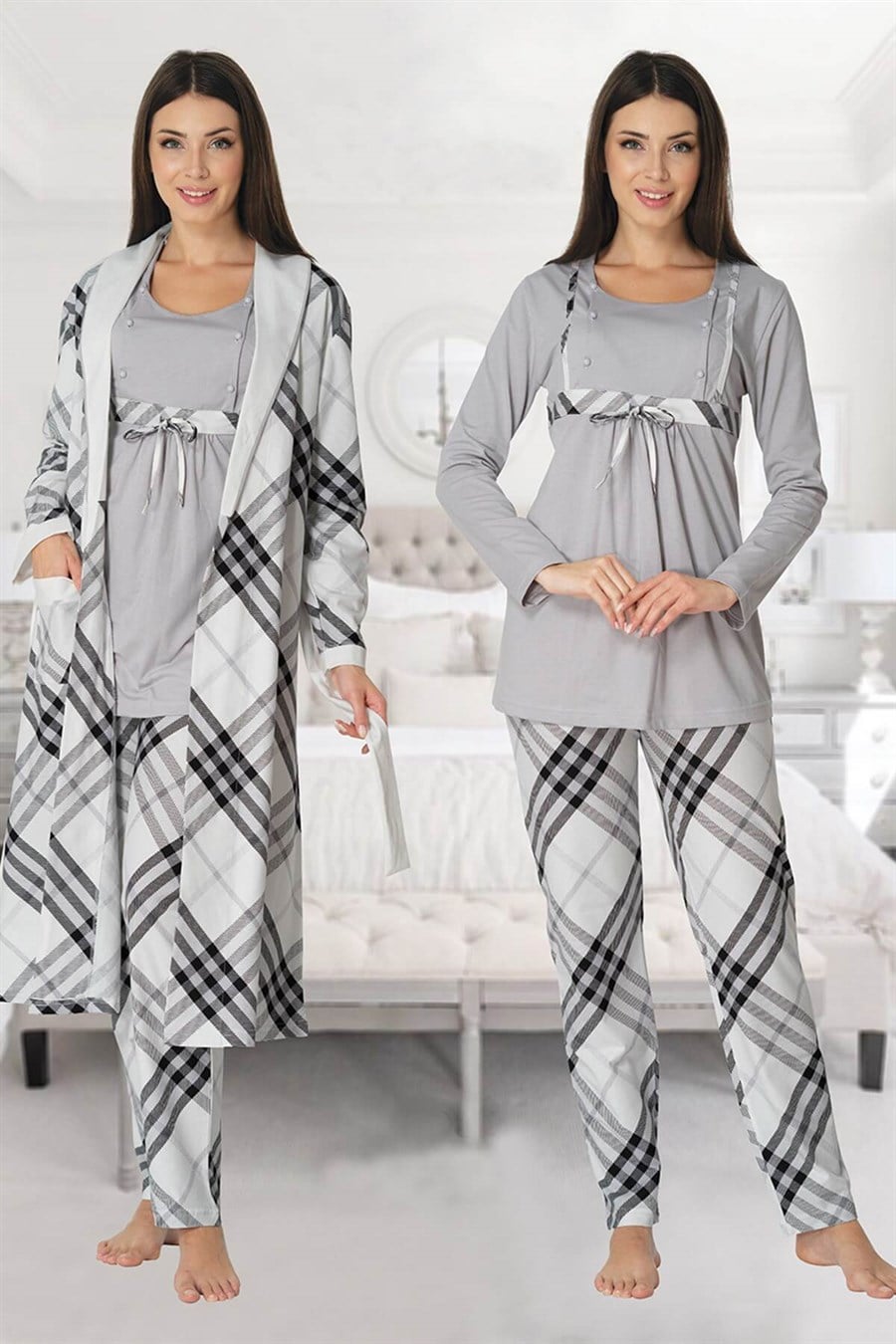 Effortt 8084 Gri Sabahlıklı Lohusa Pijama Takımı