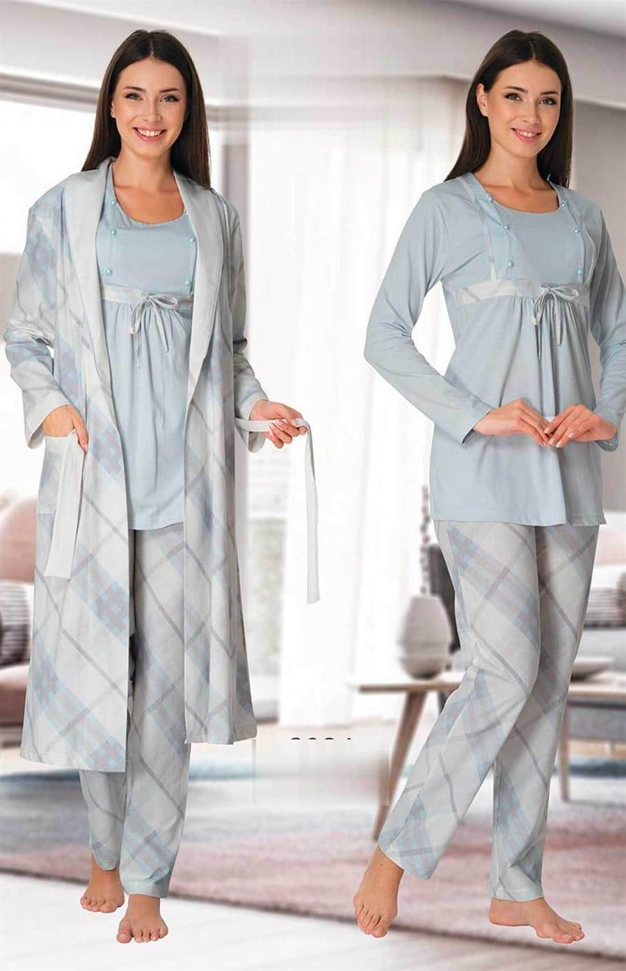 Effortt 8084 Mavi Sabahlıklı Lohusa Pijama Takımı