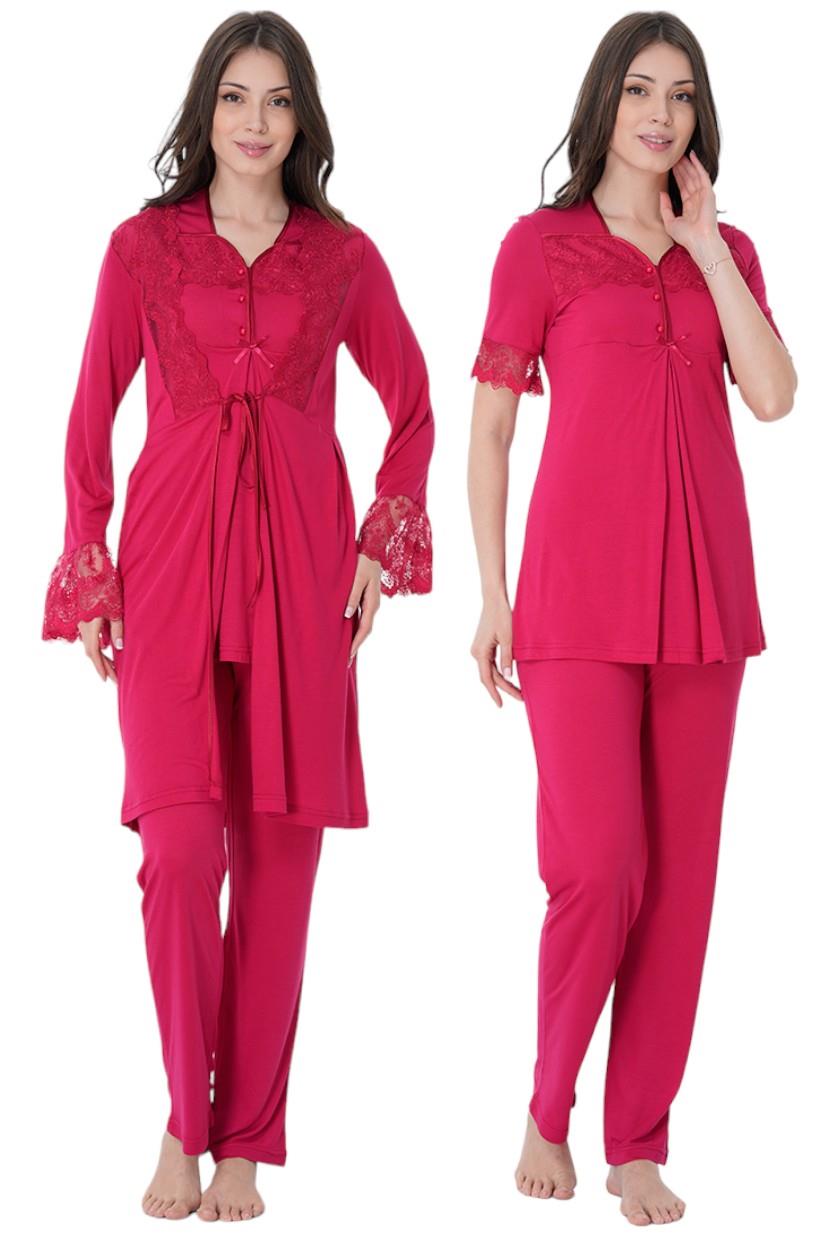 Effortt 9014 Vişne Sabahlıklı Lohusa Pijama Takımı
