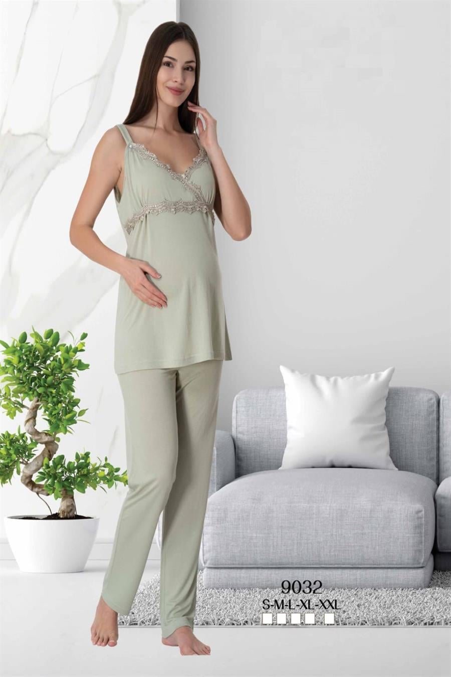 Effortt 9032 Yeşil İp Askılı Hamile Lohusa Pijama Takımı