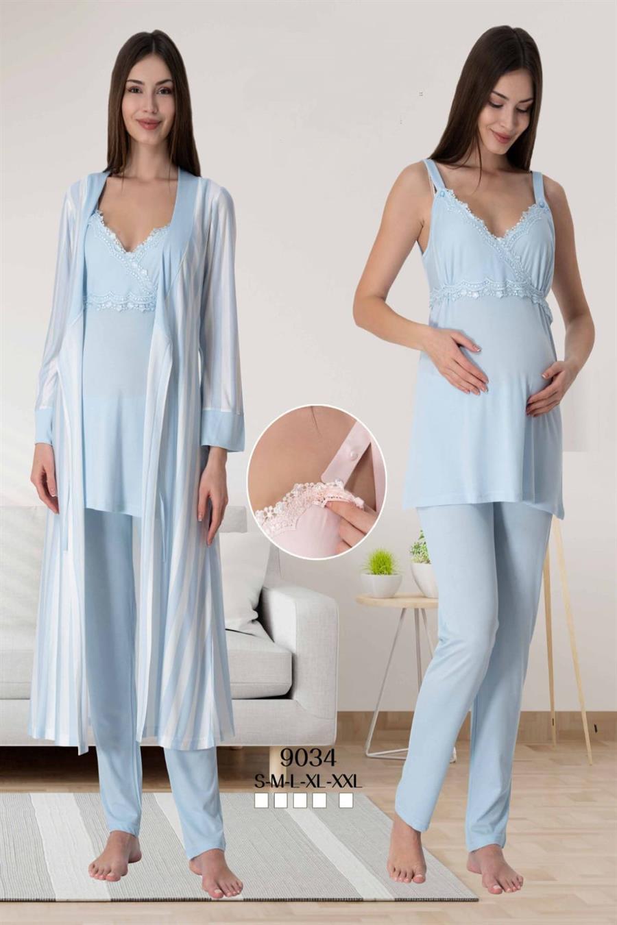 Effortt 9034 Mavi Sabahlıklı Hamile Lohusa Pijama Takımı