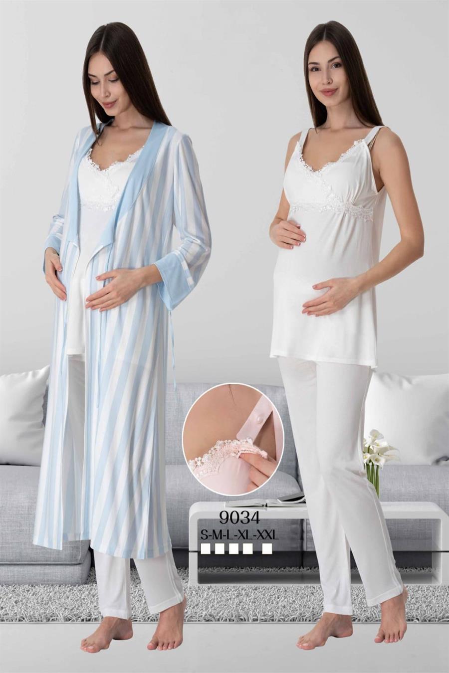 Effortt 9034 Mavi/Ekru Sabahlıklı Hamile Lohusa Pijama Takımı