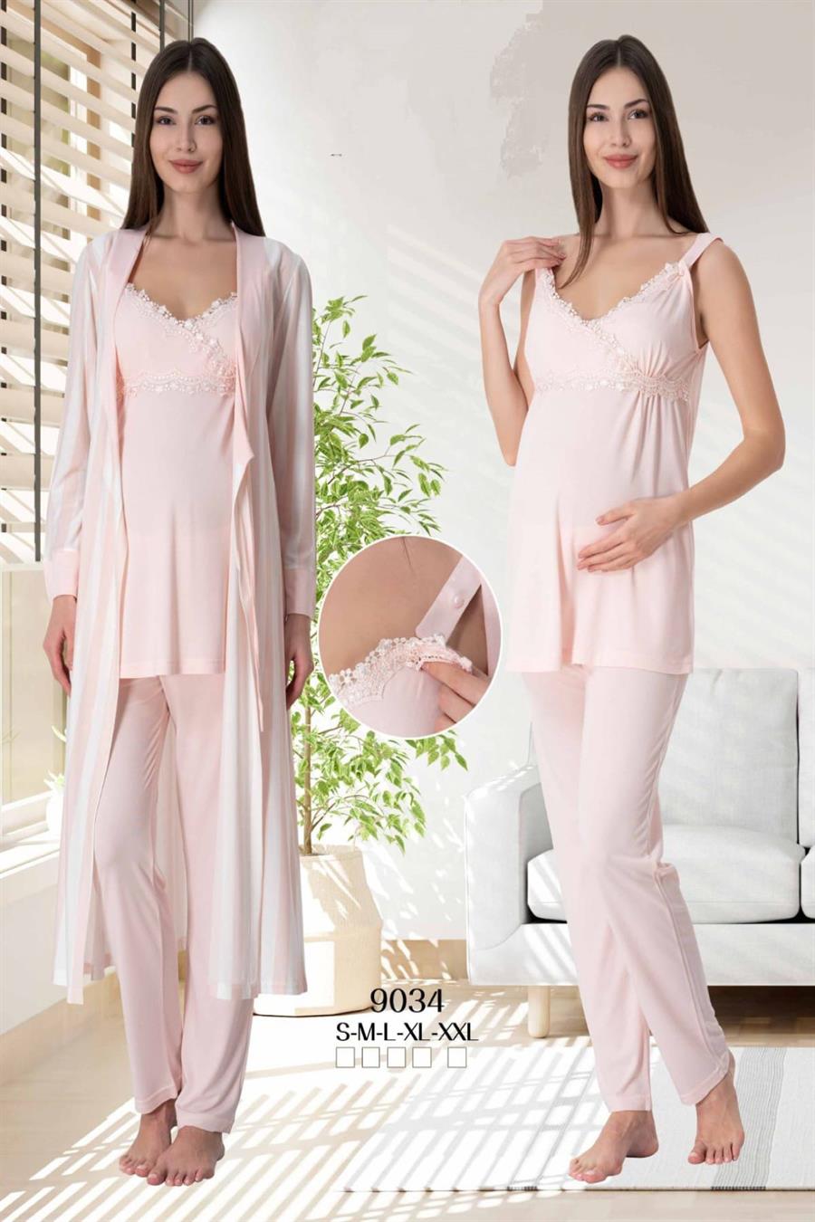 Effortt 9034 Pudra Sabahlıklı Hamile Lohusa Pijama Takımı