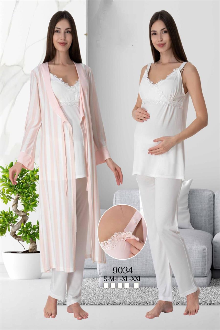 Effortt 9034 Pudra/Ekru Sabahlıklı Hamile Lohusa Pijama Takımı