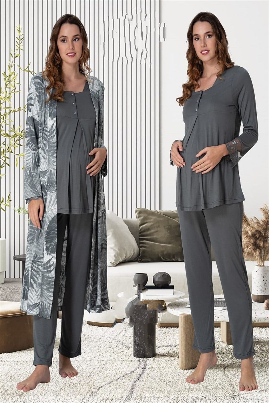 Effortt 9044 Füme Sabahlıklı Hamile Lohusa Pijama Takımı