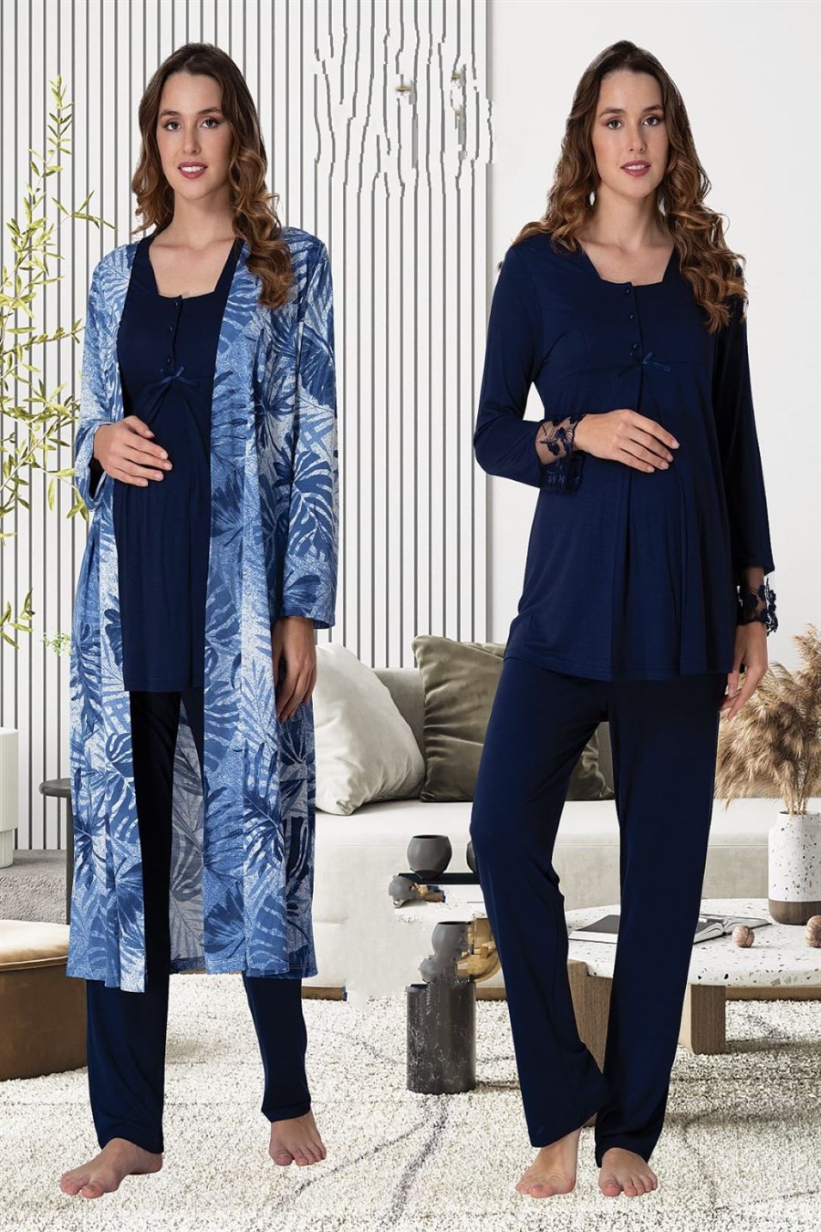 Effortt 9044 Lacivert Sabahlıklı Hamile Lohusa Pijama Takımı