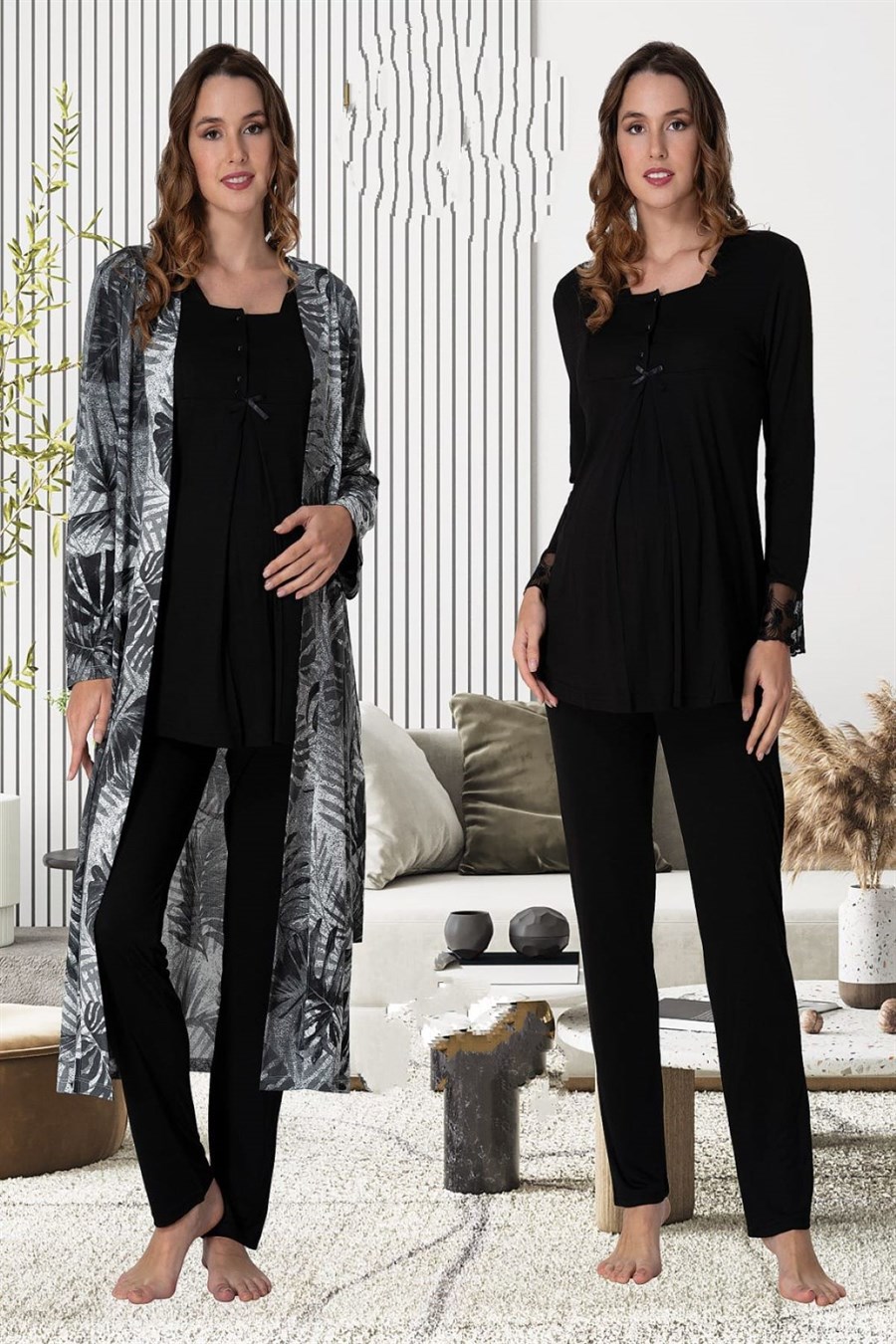 Effortt 9044 Siyah Sabahlıklı Hamile Lohusa Pijama Takımı