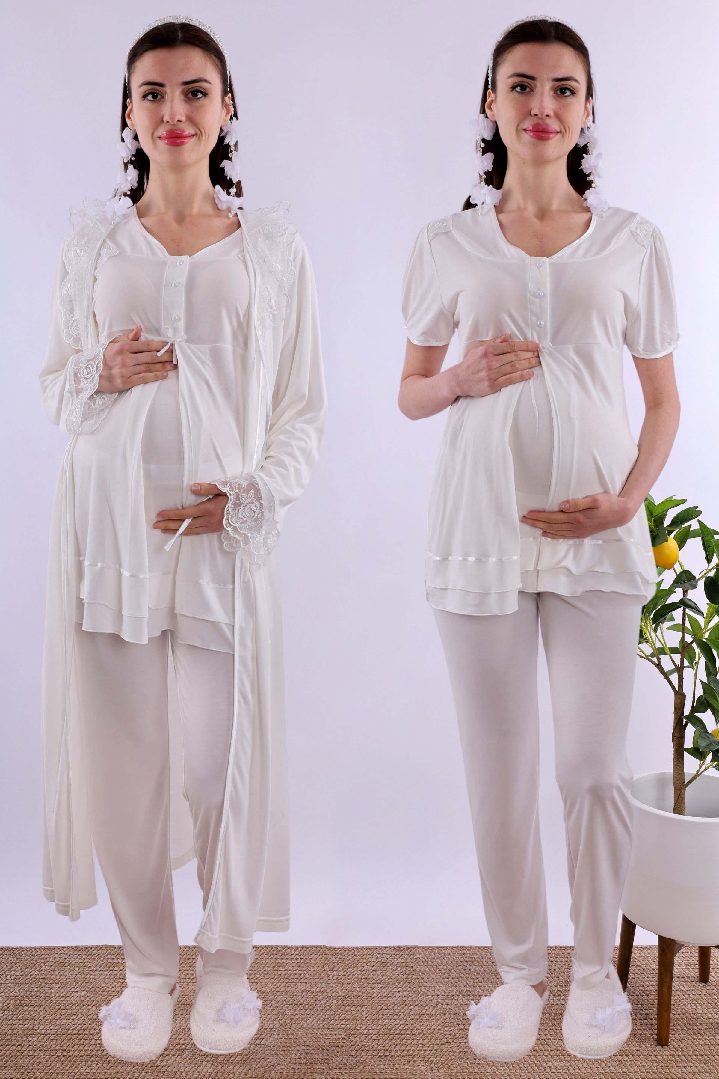 Effortt Ekru Sabahlıklı Hamile Lohusa Pijama Takımı BYL280242
