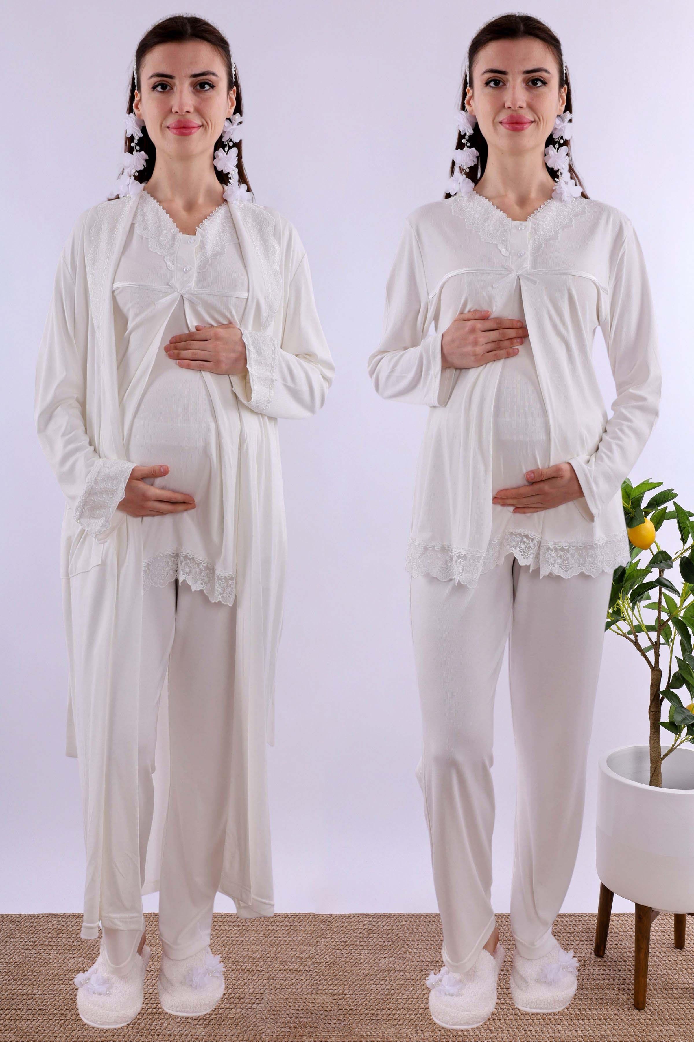 Effortt Ekru Sabahlıklı Hamile Lohusa Pijama Takımı BYL240342