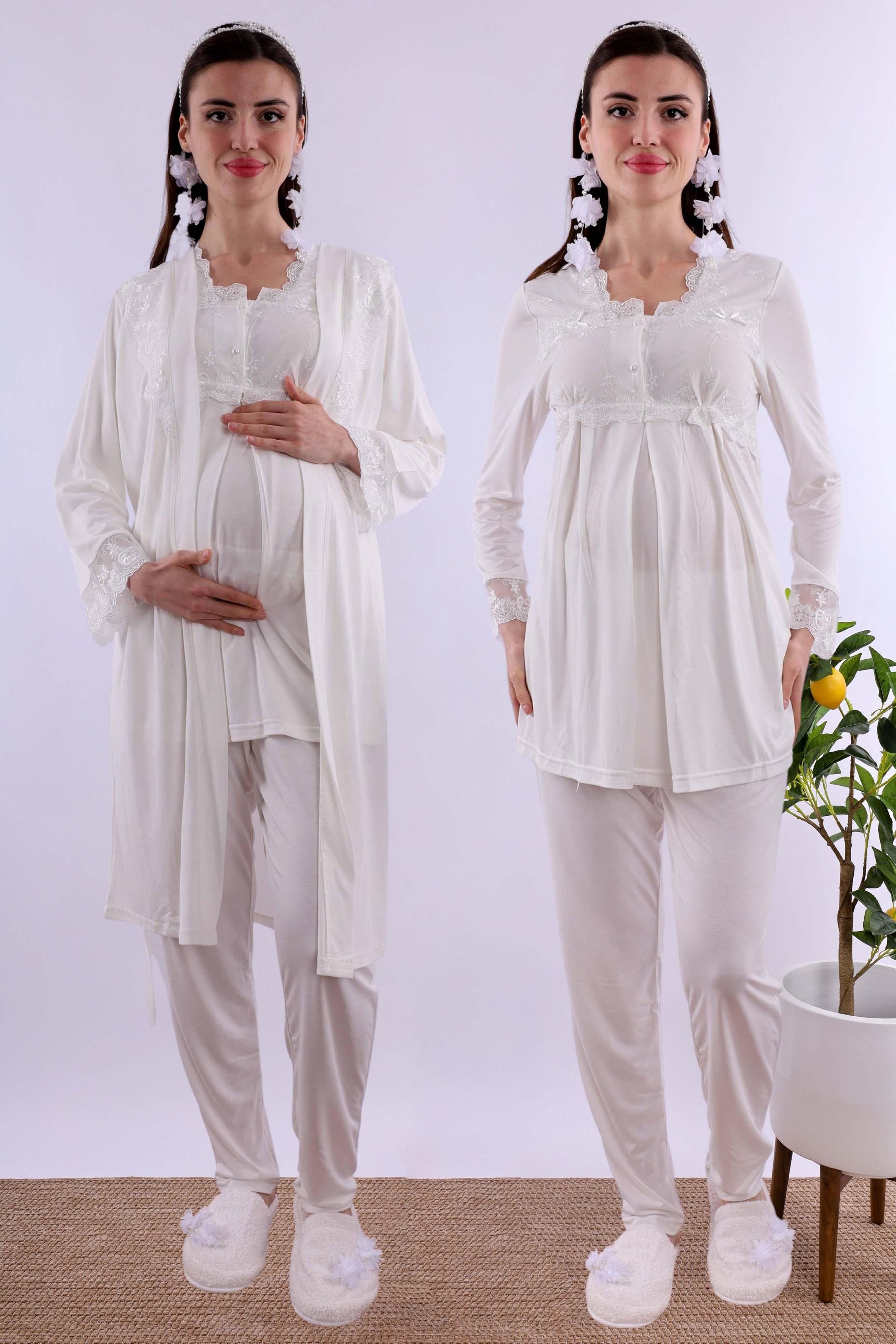Effortt Ekru Sabahlıklı Hamile Lohusa Pijama Takımı BYL224012