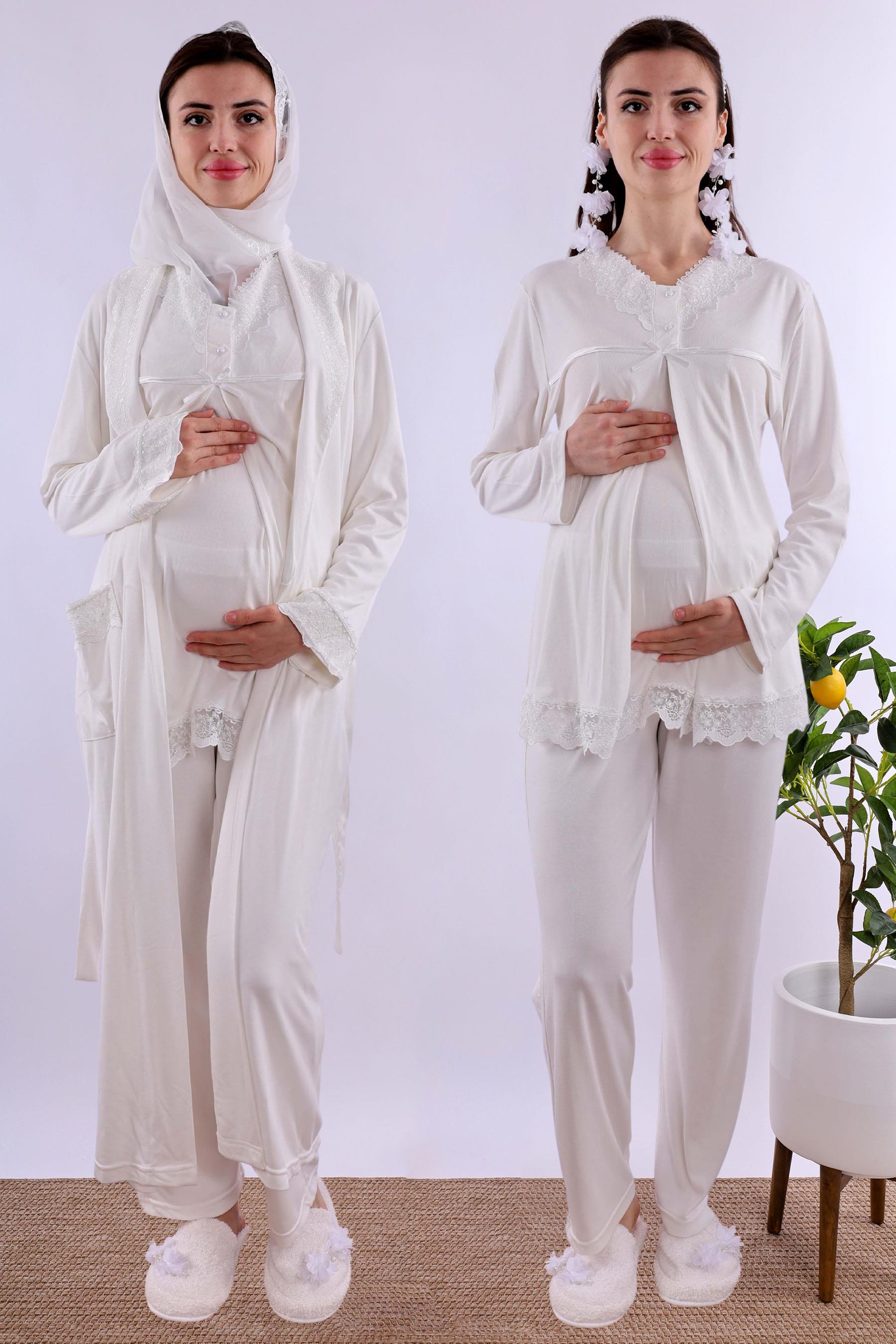 Effortt Ekru Tesettürlü Sabahlıklı Hamile Lohusa Pijama Takımı BYL2T40342