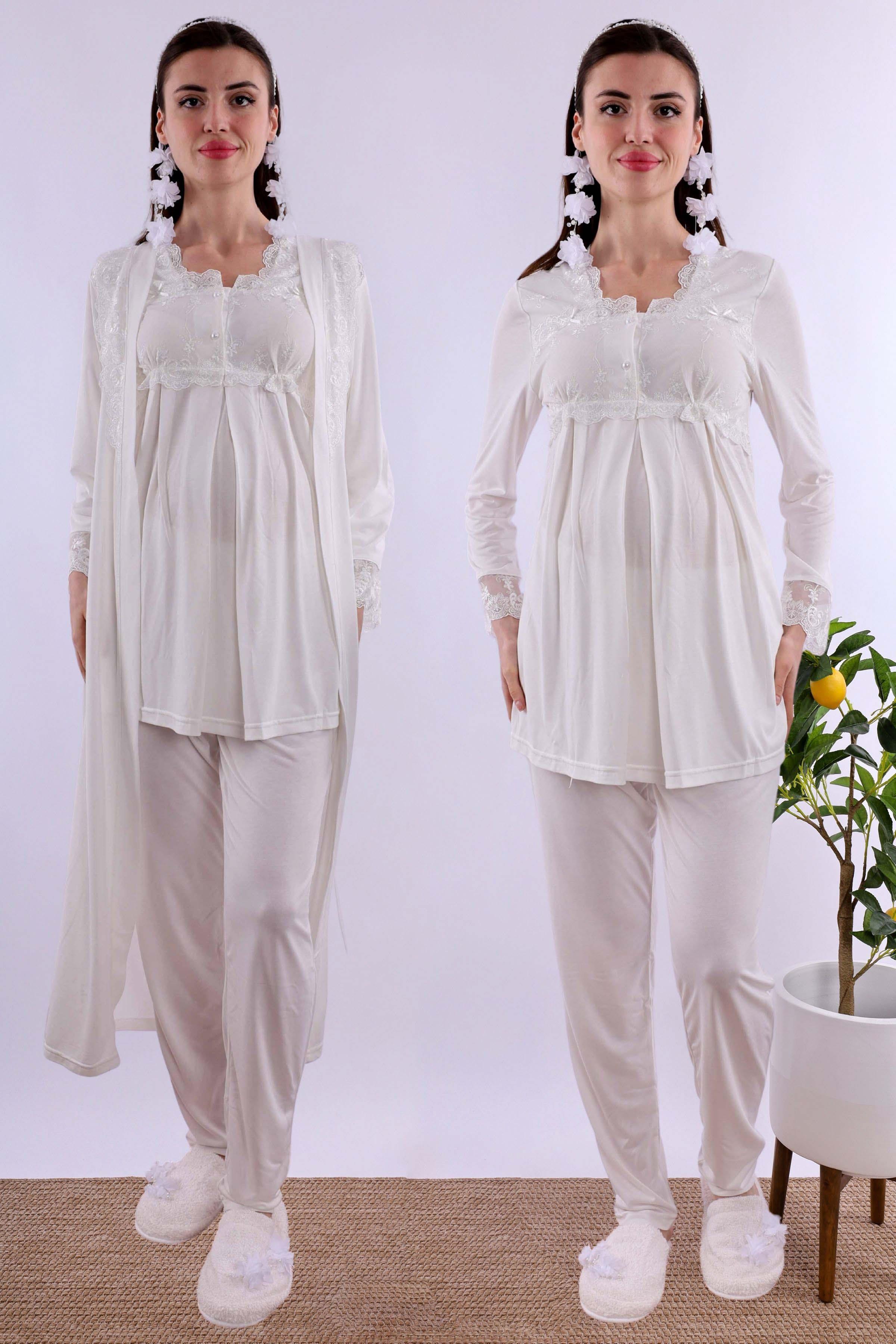 Effortt Ekru Uzun Sabahlıklı Hamile Lohusa Pijama Takımı BYL224072