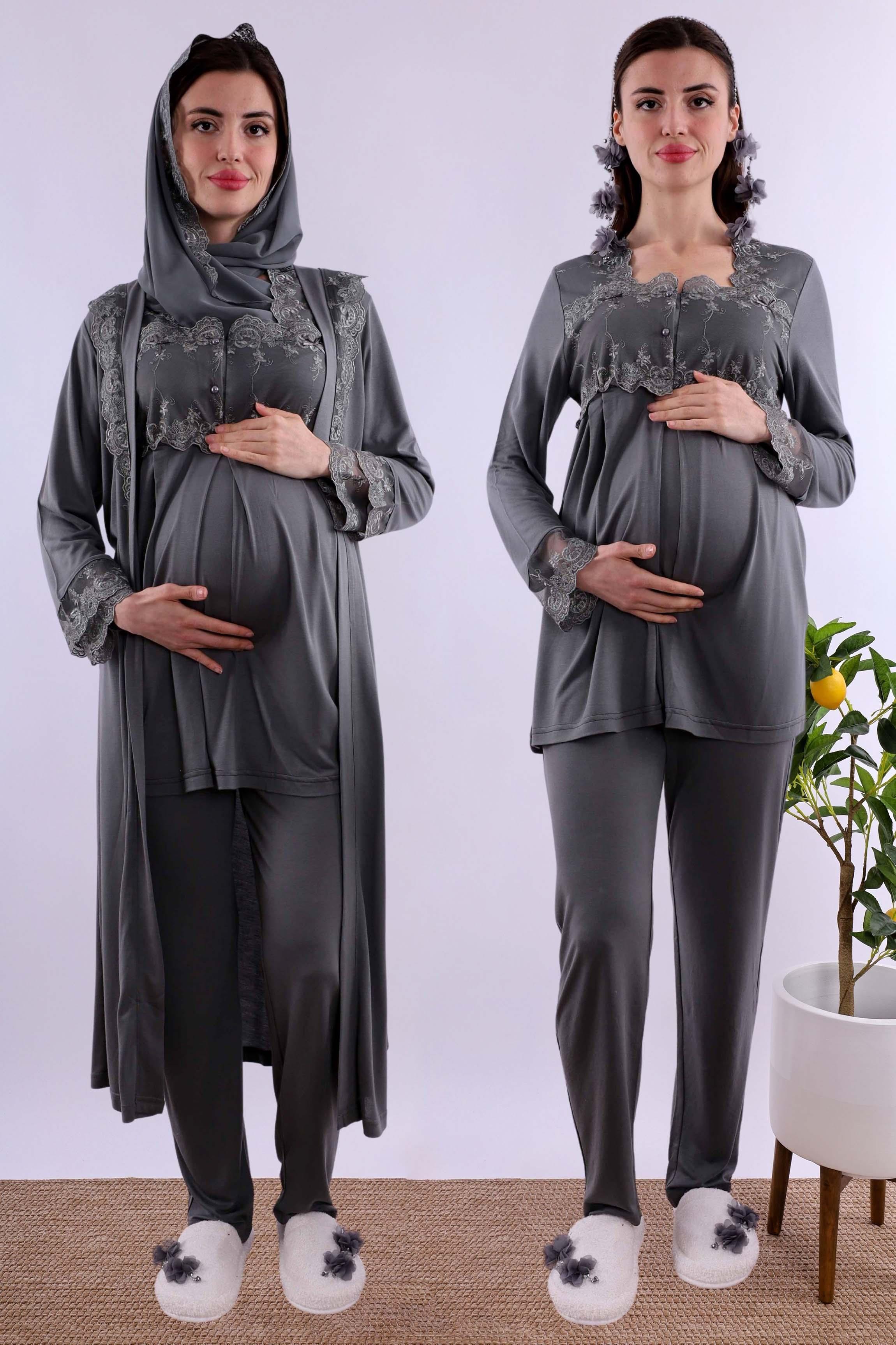 Effortt Füme Tesettürlü Uzun Sabahlıklı Hamile Lohusa Pijama Takımı BYL2T24072