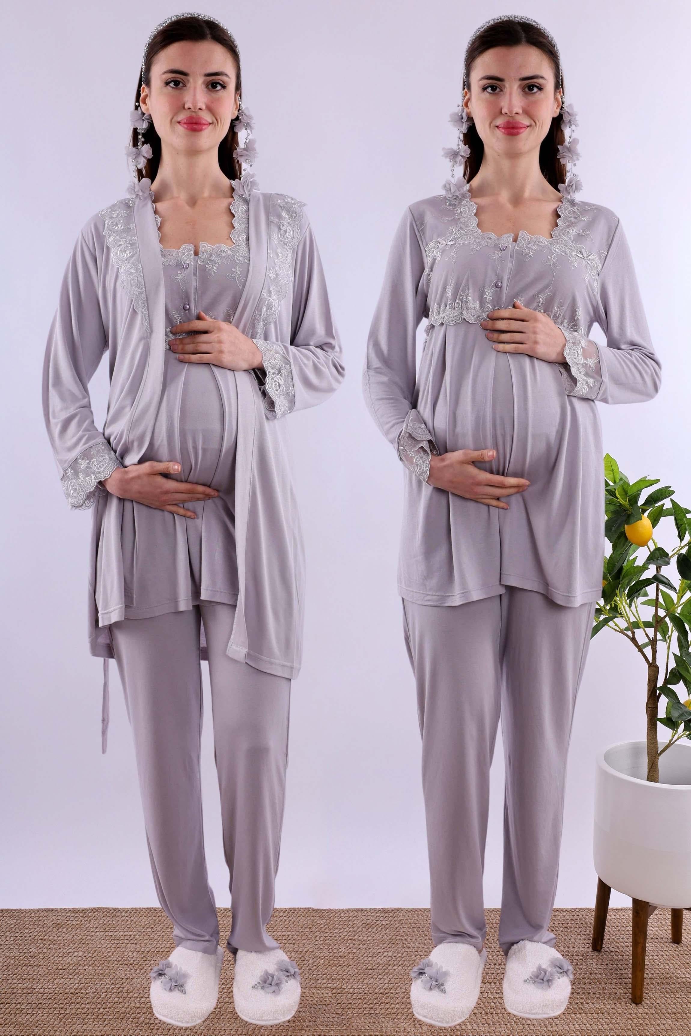 Effortt Gri Sabahlıklı Hamile Lohusa Pijama Takımı BYL224012