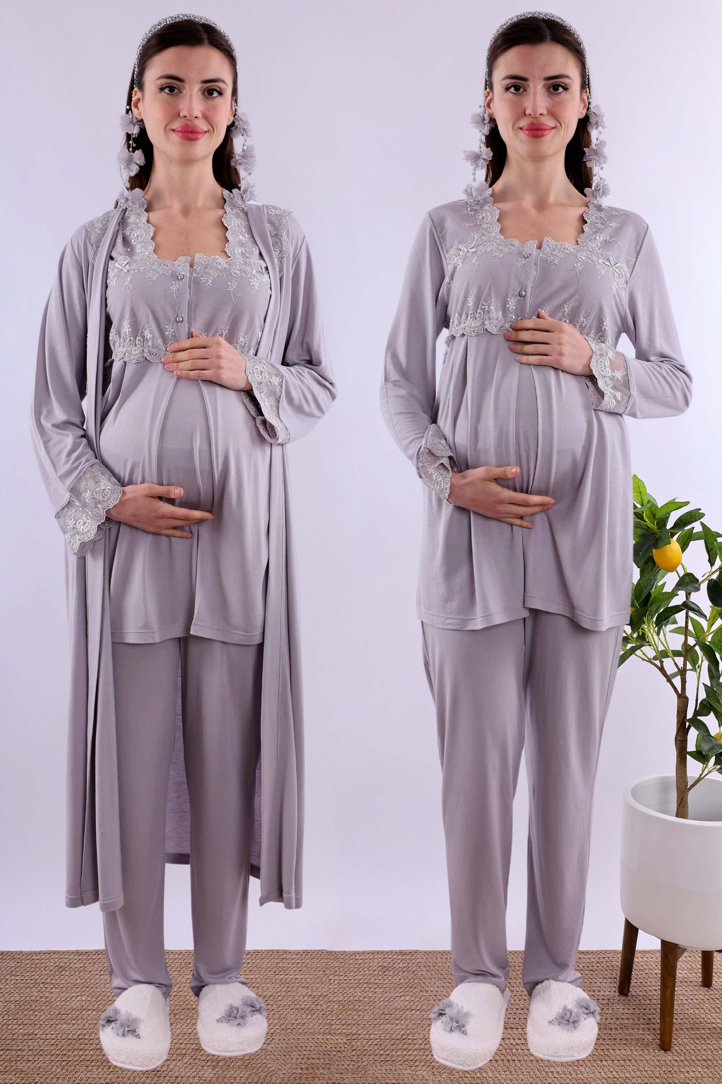 Effortt Gri Uzun Sabahlıklı Hamile Lohusa Pijama Takımı BYL224072