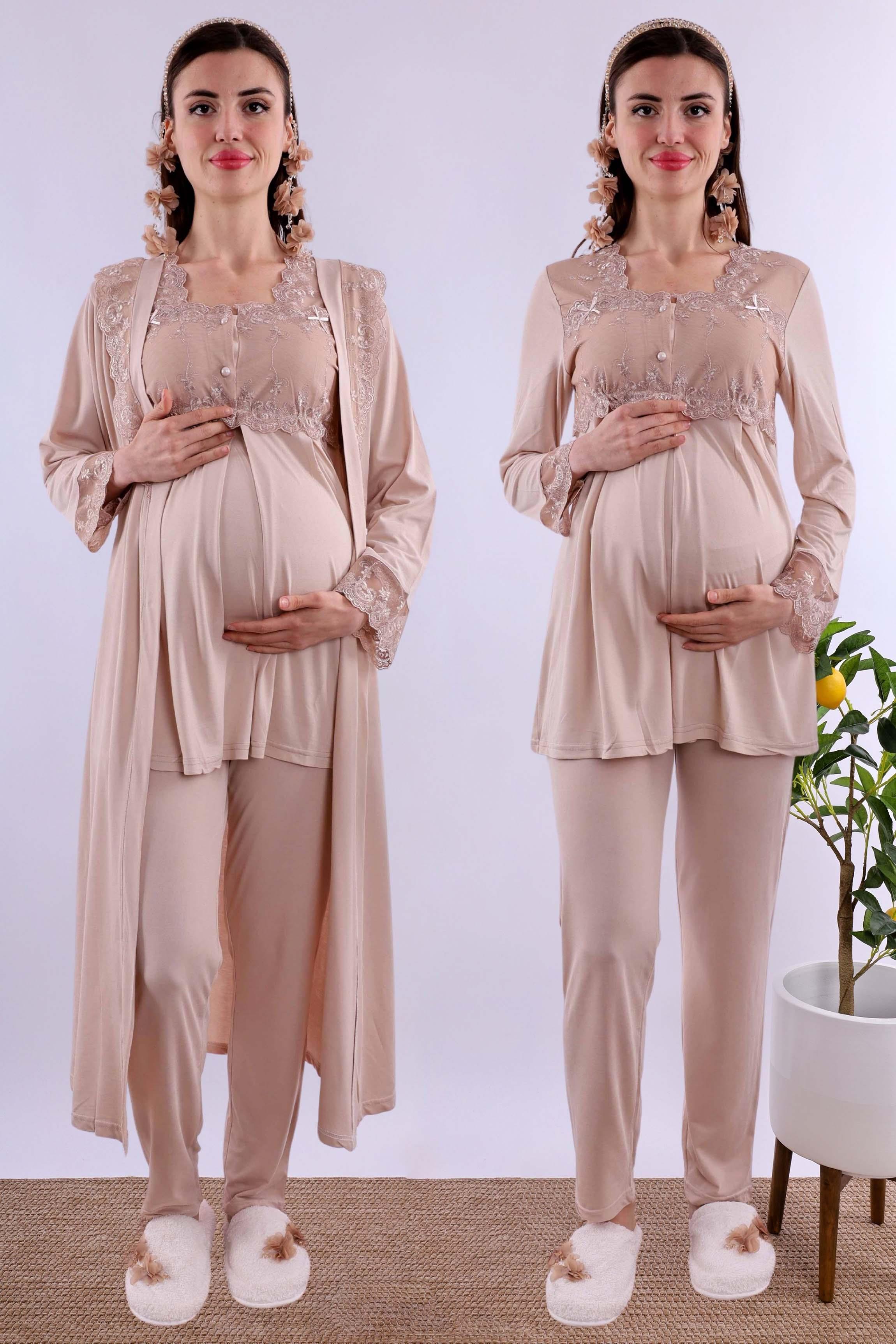 Effortt Kahverengi Uzun Sabahlıklı Hamile Lohusa Pijama Takımı BYL224072