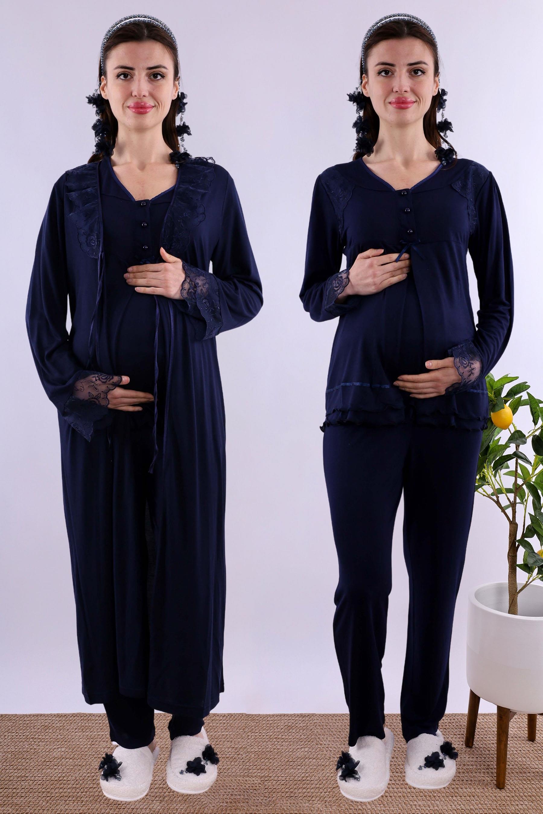 Effortt Lacivert Sabahlıklı Hamile Lohusa Pijama Takımı BYL224242