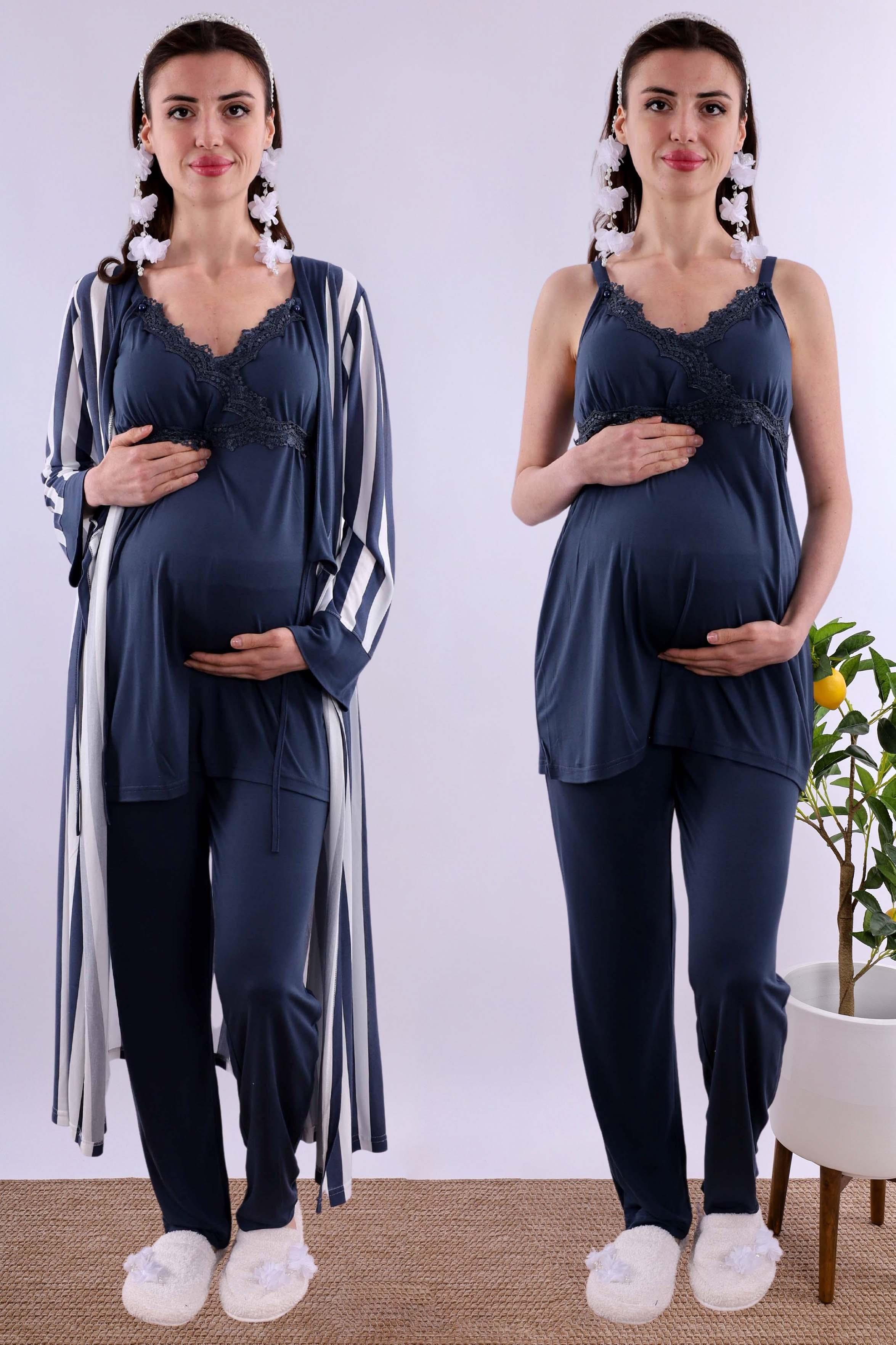 Effortt Lacivert Sabahlıklı Hamile Lohusa Pijama Takımı BYL290342