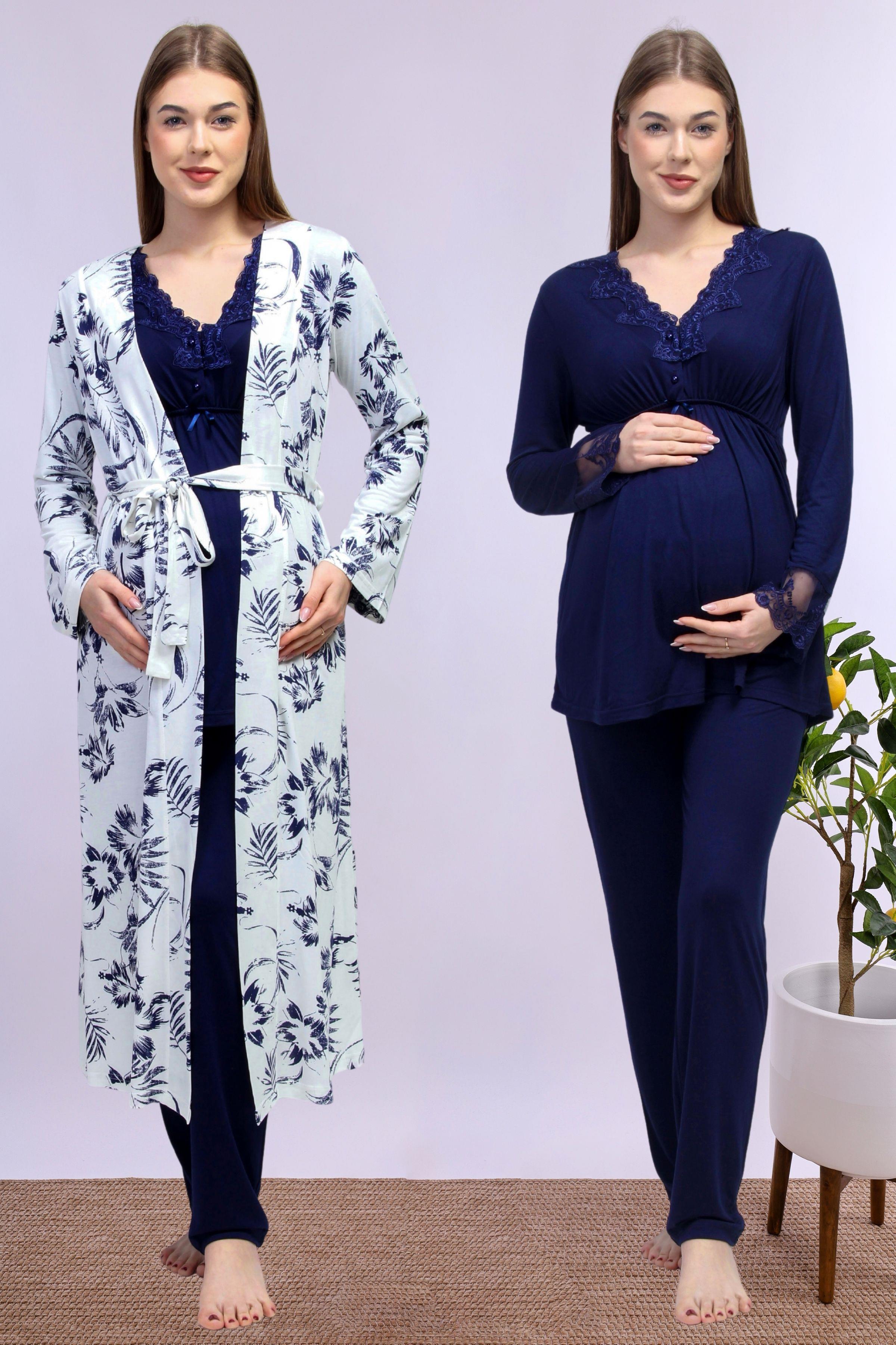 Effortt Lacivert Sabahlıklı Lohusa Pijama Takımı BYL280942