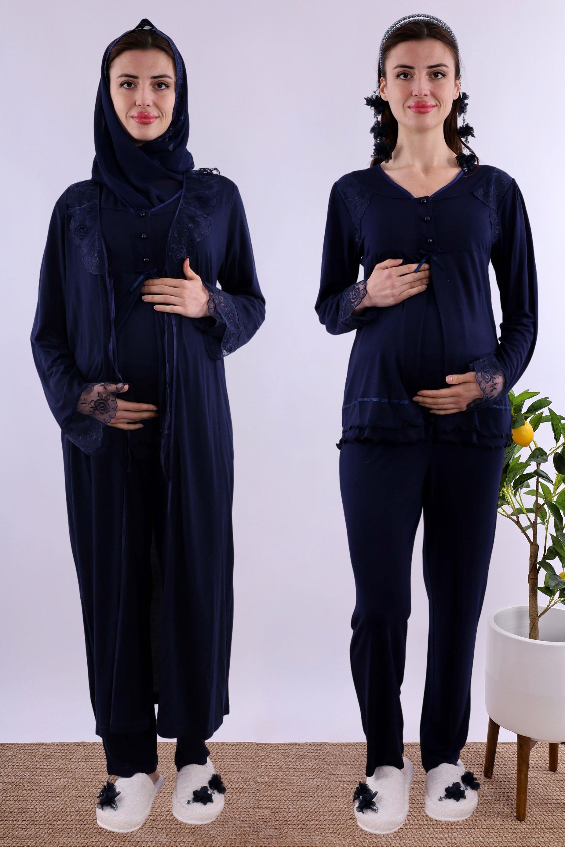 Effortt Lacivert Tesettürlü Sabahlıklı Hamile Lohusa Pijama Takımı BYL2T24242