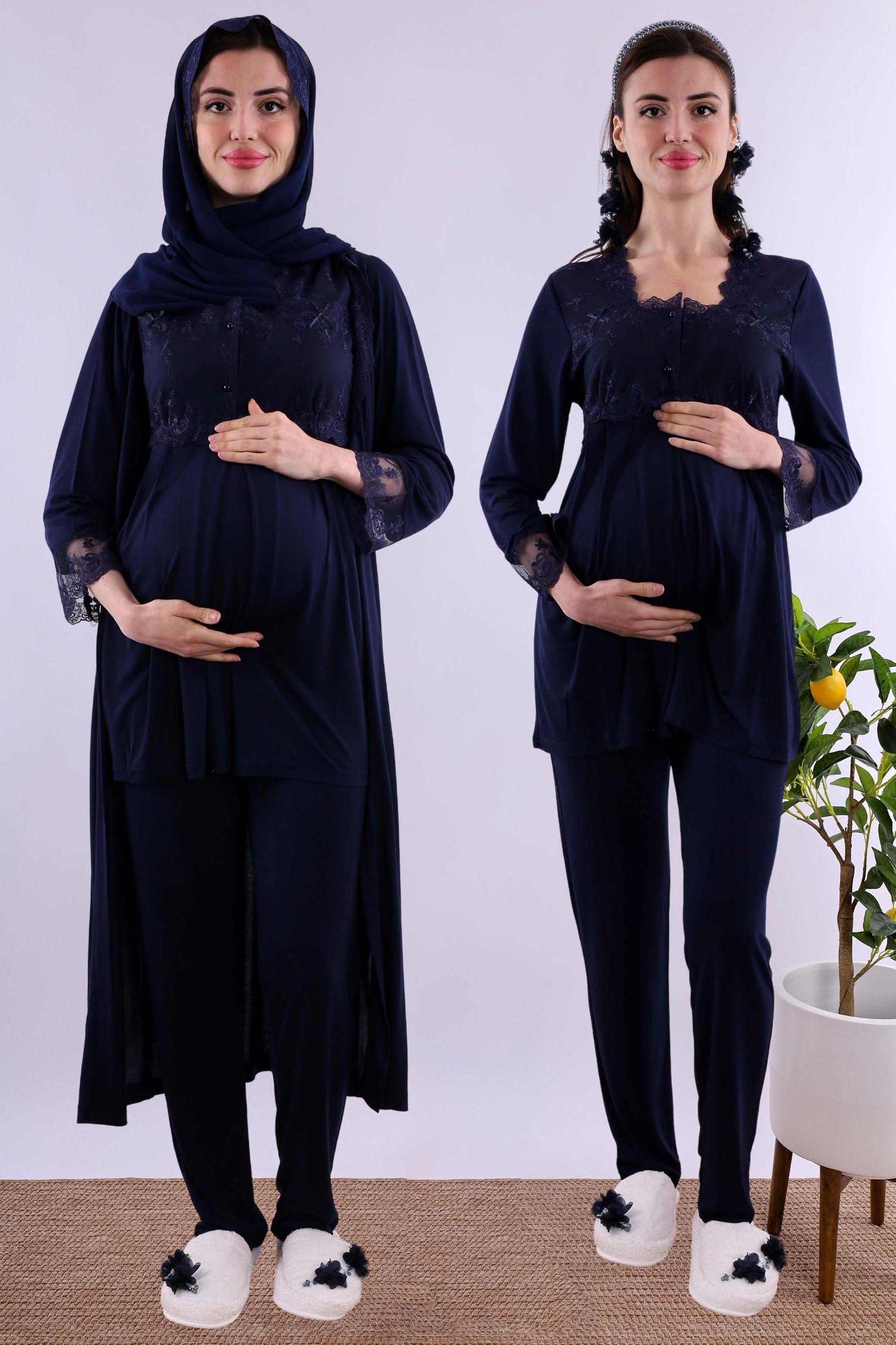 Effortt Lacivert Tesettürlü Uzun Sabahlıklı Hamile Lohusa Pijama Takımı BYL2T24072