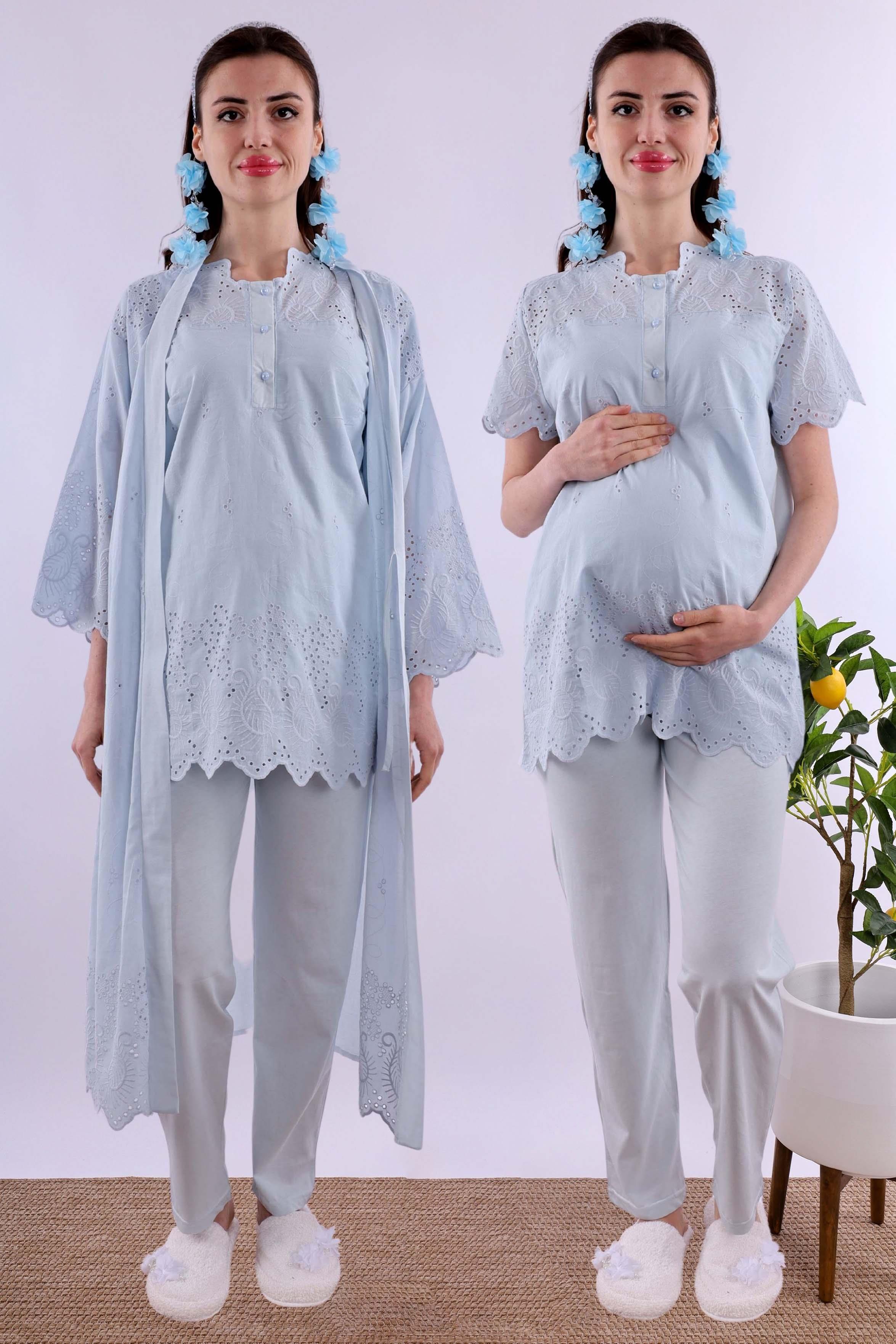 Effortt Mavi Fistolu Sabahlıklı Hamile Lohusa Pijama Takımı BYL290242