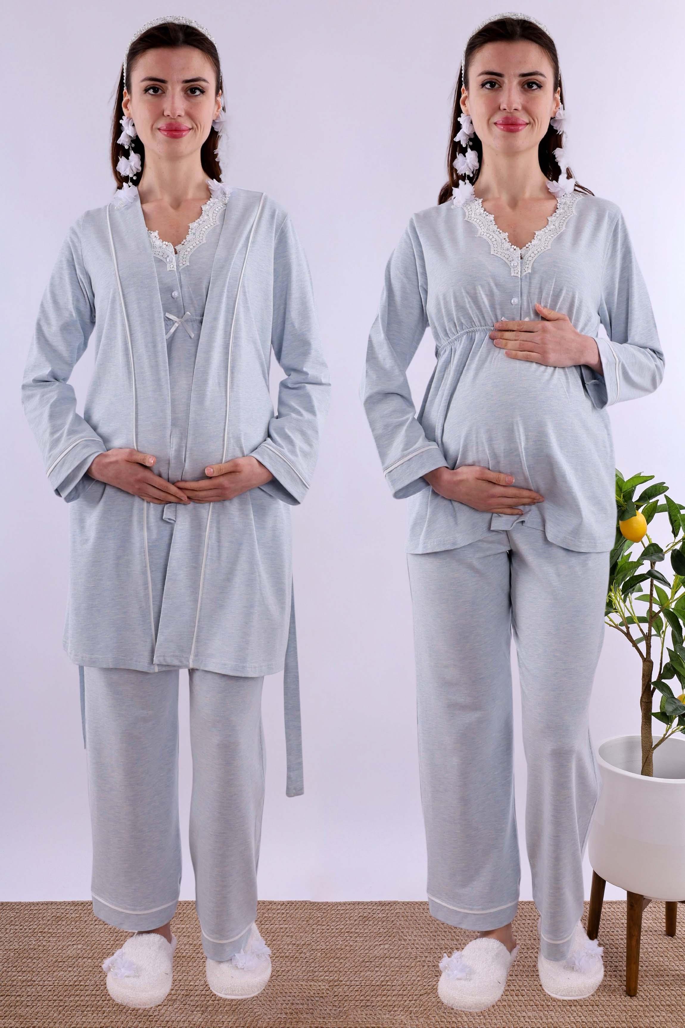 Effortt Mavi Sabahlıklı Hamile Lohusa Pijama Takımı BYL230542