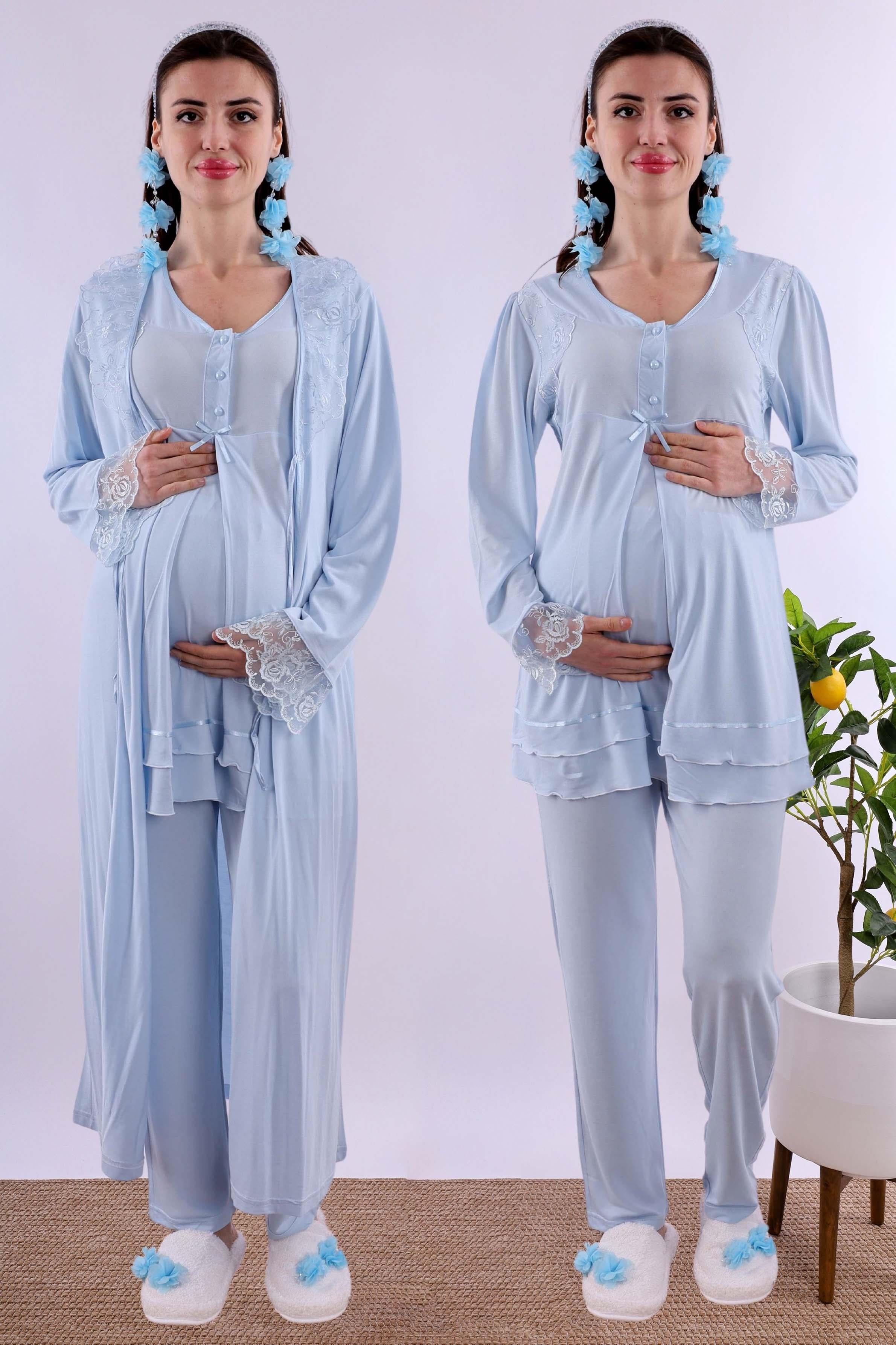 Effortt Mavi Sabahlıklı Hamile Lohusa Pijama Takımı BYL224242