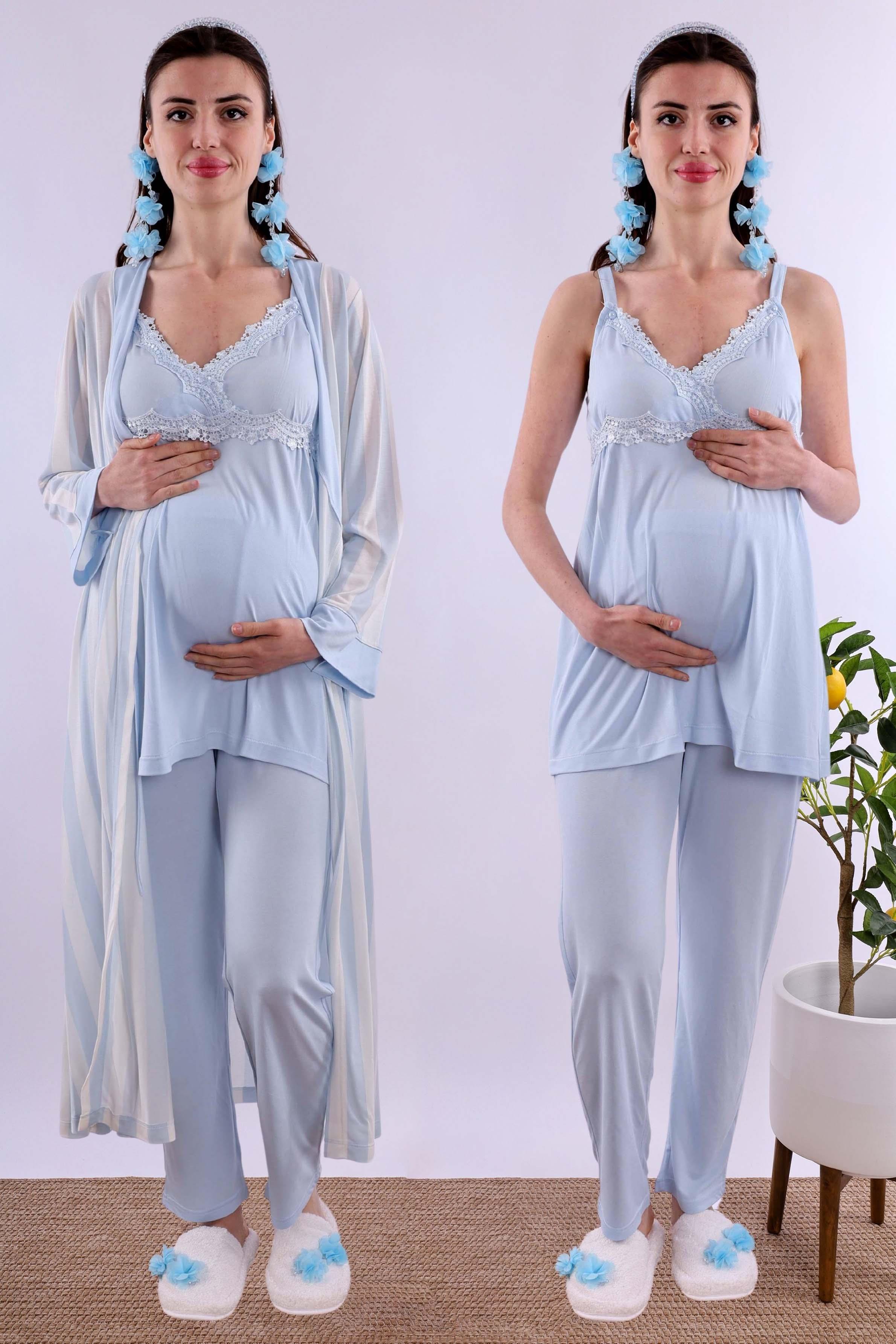Effortt Mavi Sabahlıklı Hamile Lohusa Pijama Takımı BYL290342