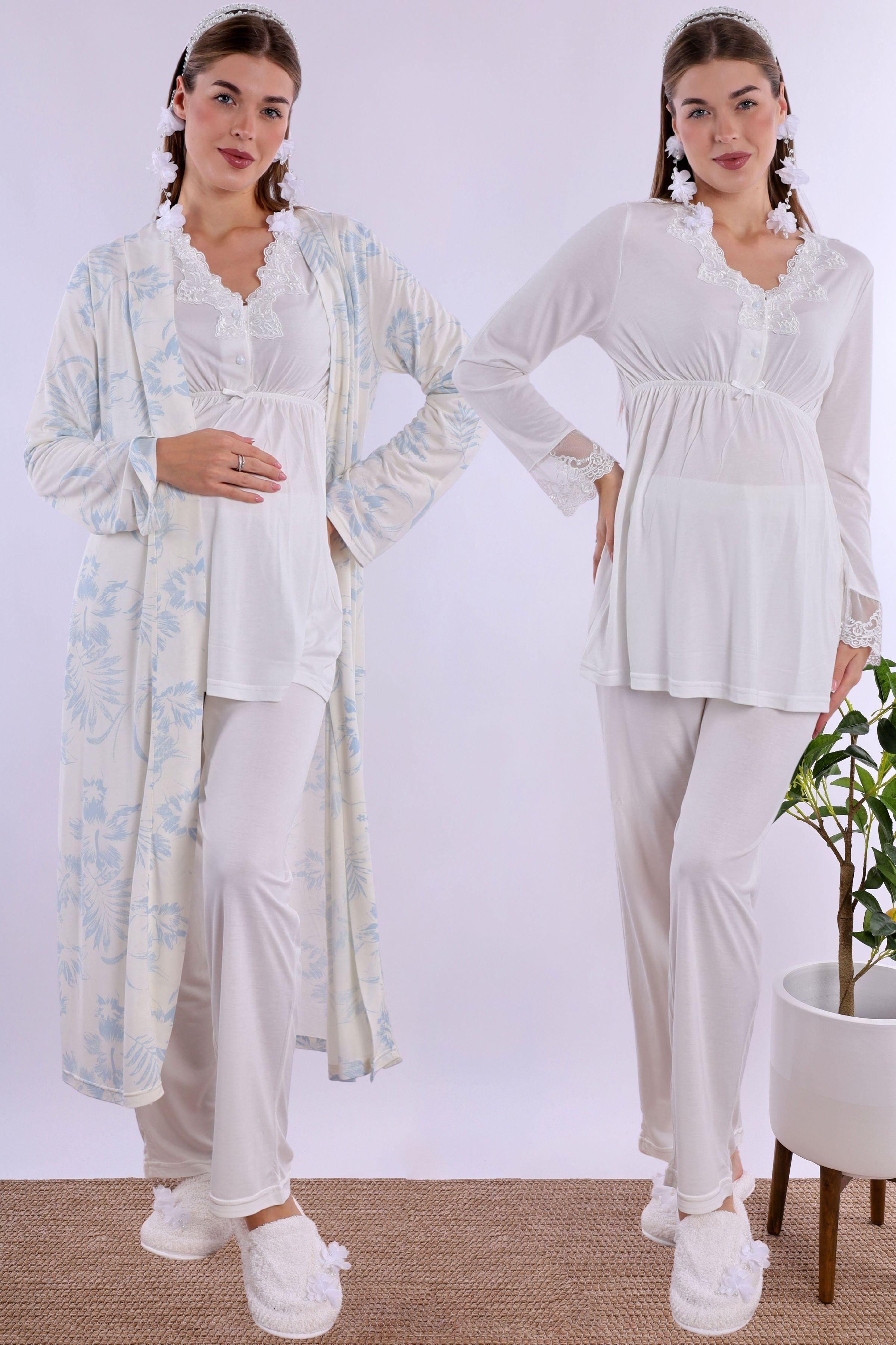 Effortt Mavi/Ekru Sabahlıklı Hamile Lohusa Pijama Takımı 280942