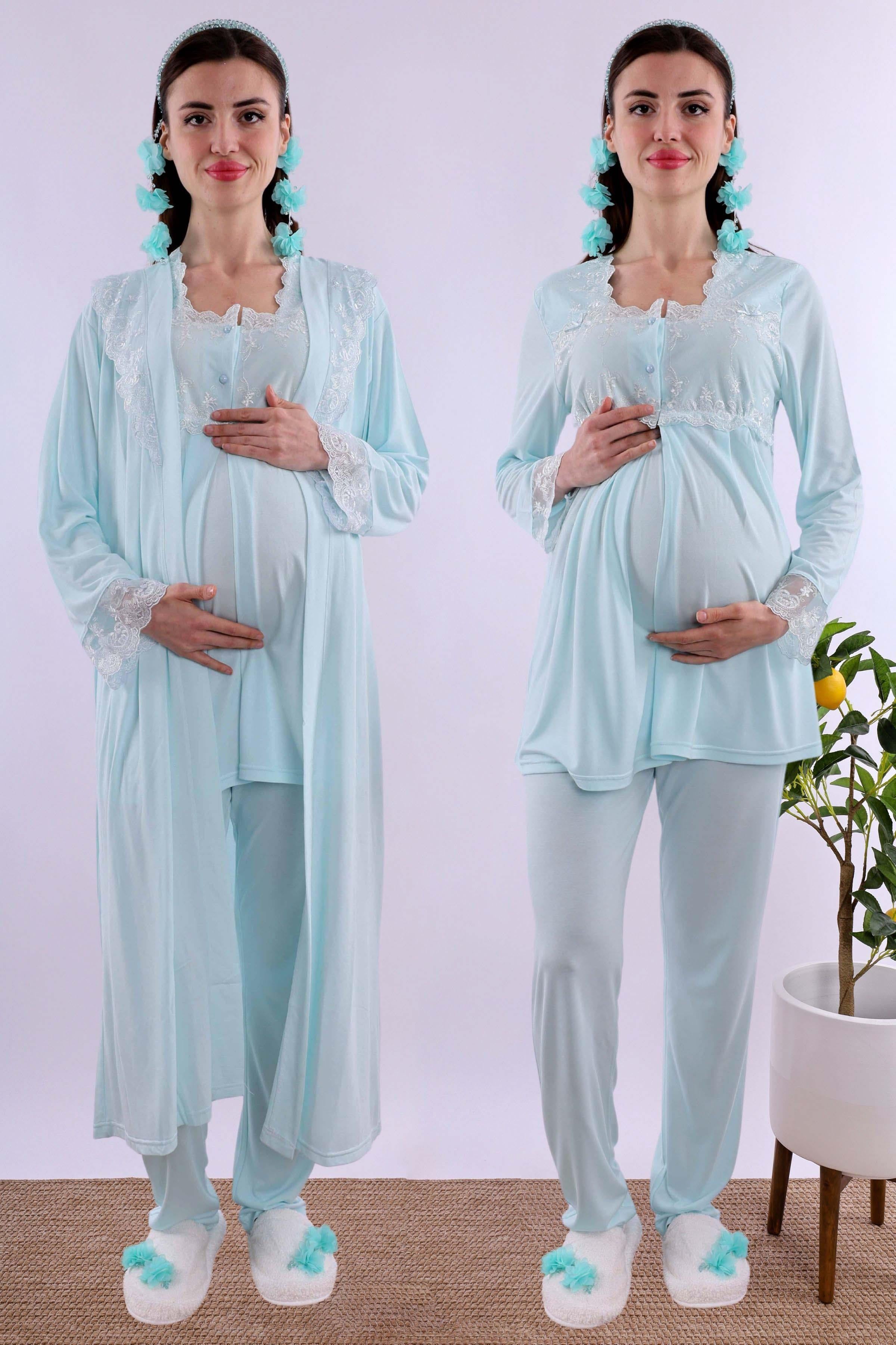 Effortt Turkuaz Uzun Sabahlıklı Hamile Lohusa Pijama Takımı BYL224072