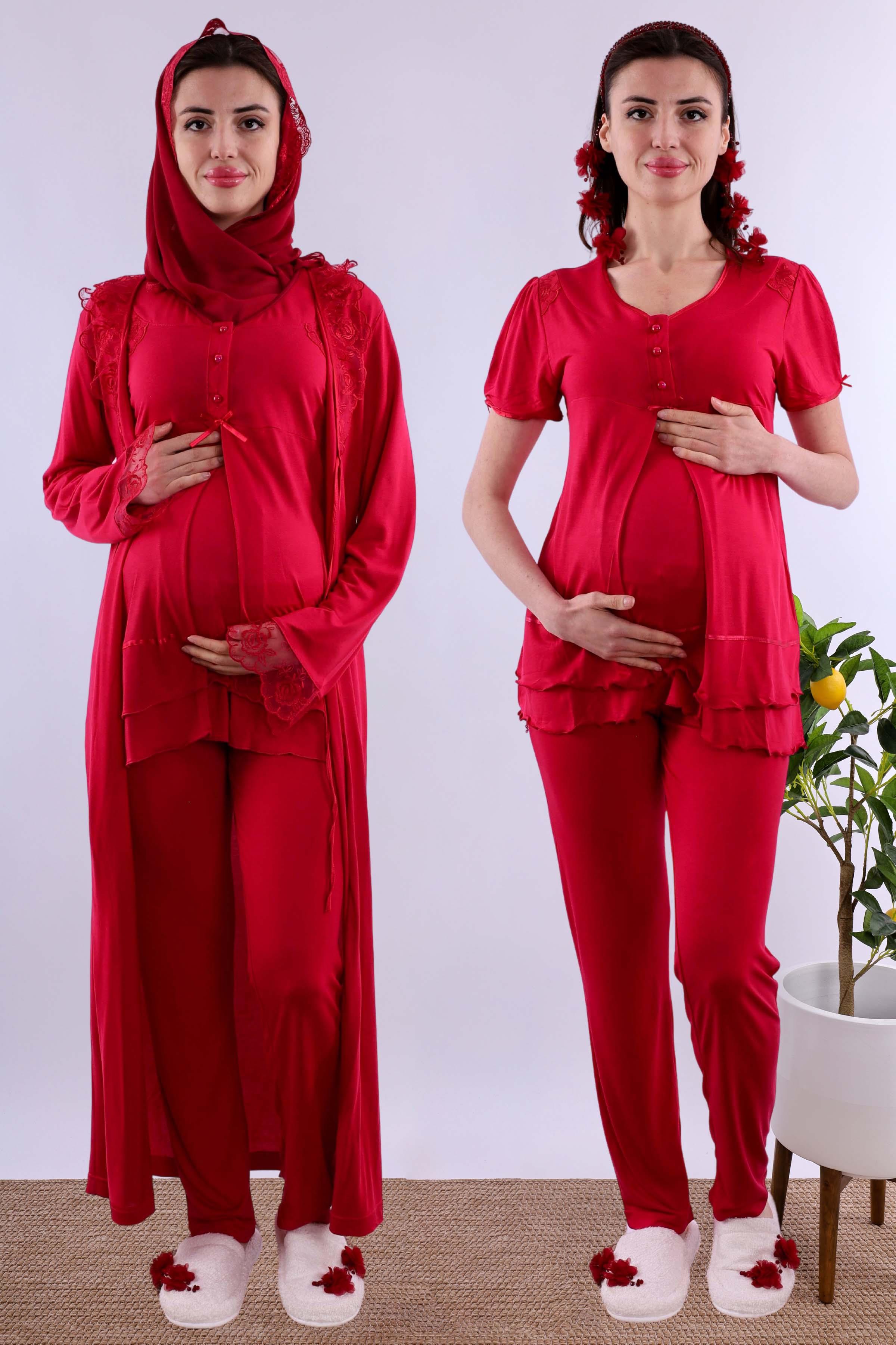 Effortt Vişne Tesettürlü Sabahlıklı Hamile Lohusa Pijama Takımı BYL2T80242