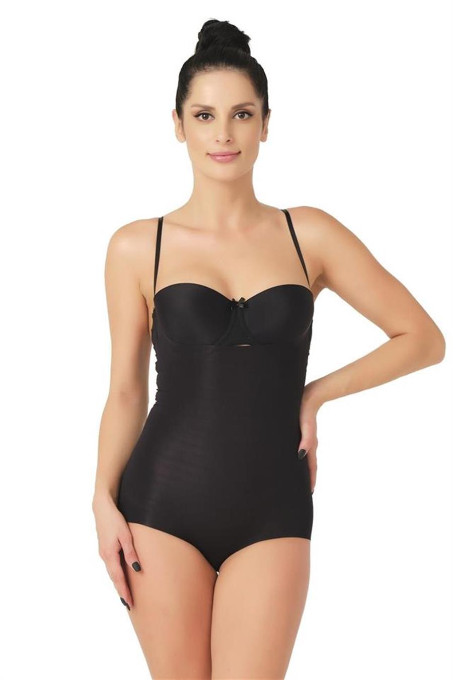 Emay 2723 Siyah Lazer Kesim Göğsü Açık Slip Korse