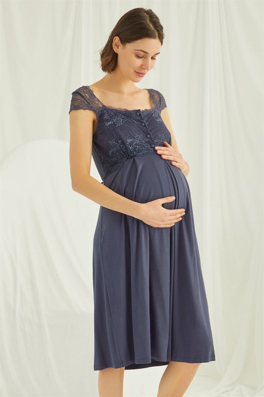 Monamise 18302 Lacivert Dantelli Önü Düğmeli Hamile Lohusa Gecelik