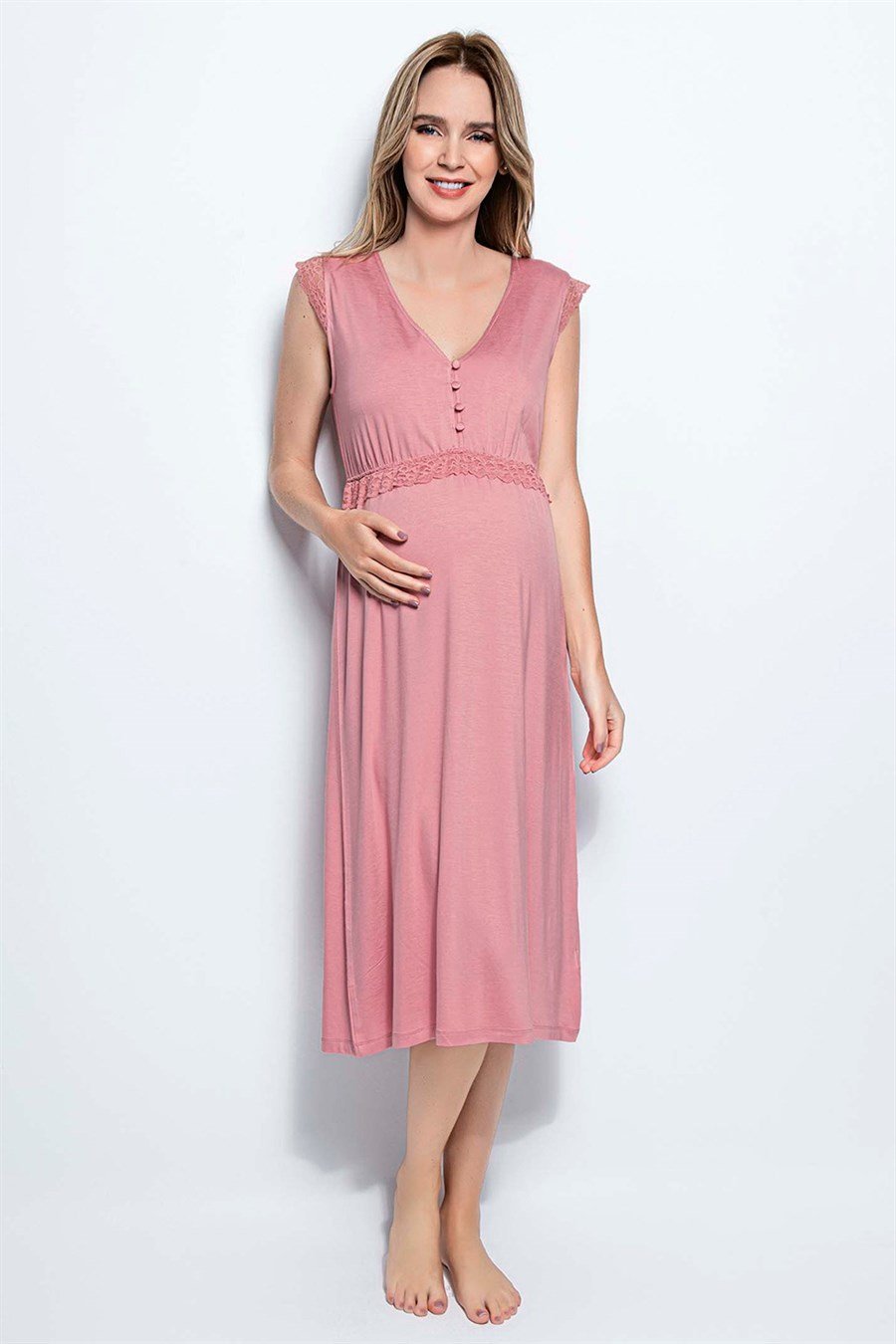 Monamise 18447 Gül Kurusu Kısa Kollu Hamile Lohusa Gecelik