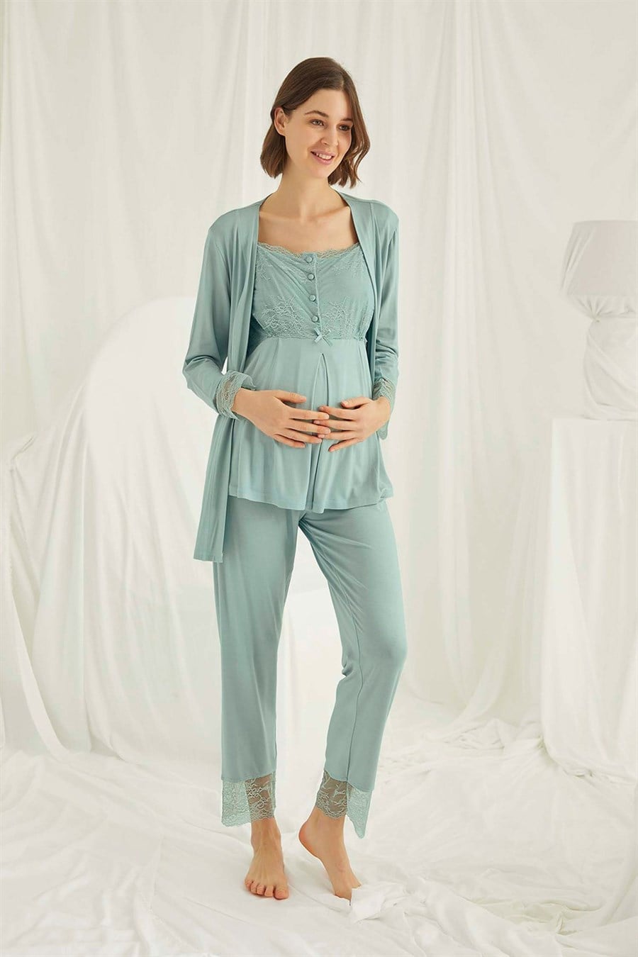 Monamise 18468 Yeşil Sabahlıklı Hamile Lohusa Pijama Takımı