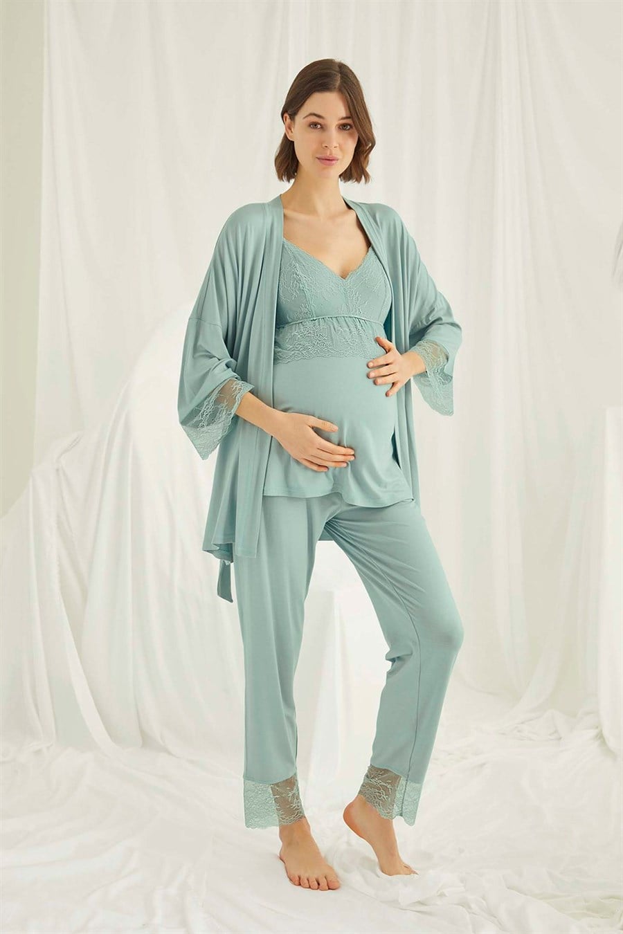 Monamise 18469 Yeşil Sabahlıklı Hamile Lohusa Pijama Takımı