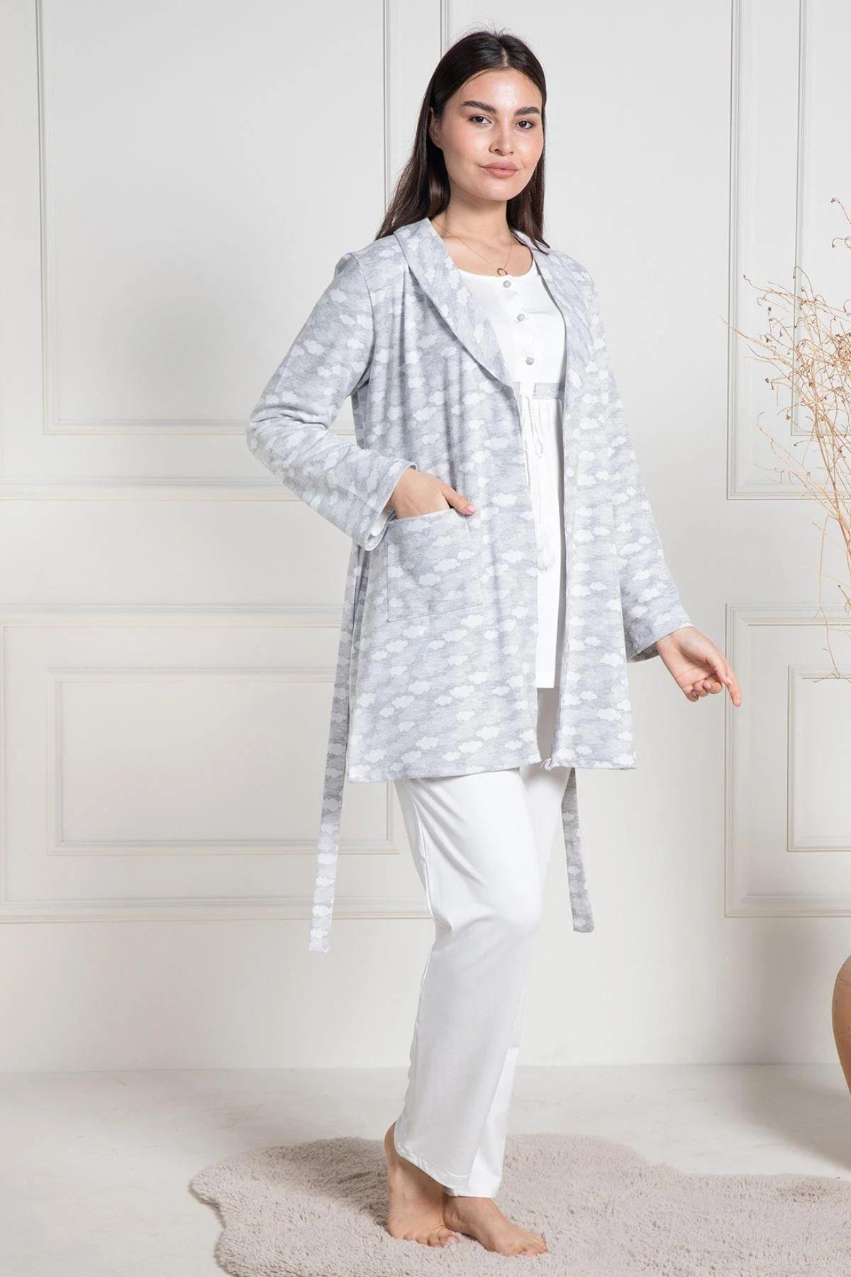 Şık Mecit 6100 Gri Sabahlıklı Hamile Lohusa Pijama Takımı