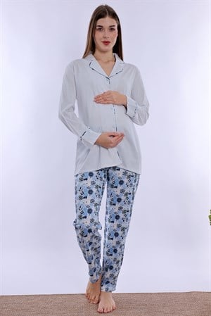 220622 Doğum Öncesi ve Sonrası Kullanıma Uygun Hamile Lohusa Pijama Takımı  - Mavi
