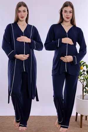 250742 Yumuşak Dokulu Pamuklu Sabahlıklı Hamile Lohusa Pijama Takımı  - Lacivert