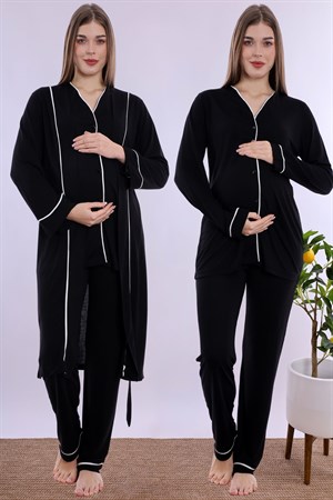 250742 Yumuşak Dokulu Pamuklu Sabahlıklı Hamile Lohusa Pijama Takımı  - Siyah
